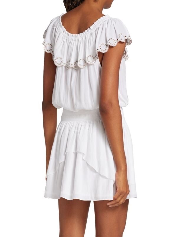 Ramy Brook Cynthia Off The Shoulder Mini Dress L White Ruffle Tier Beaded Eyelet