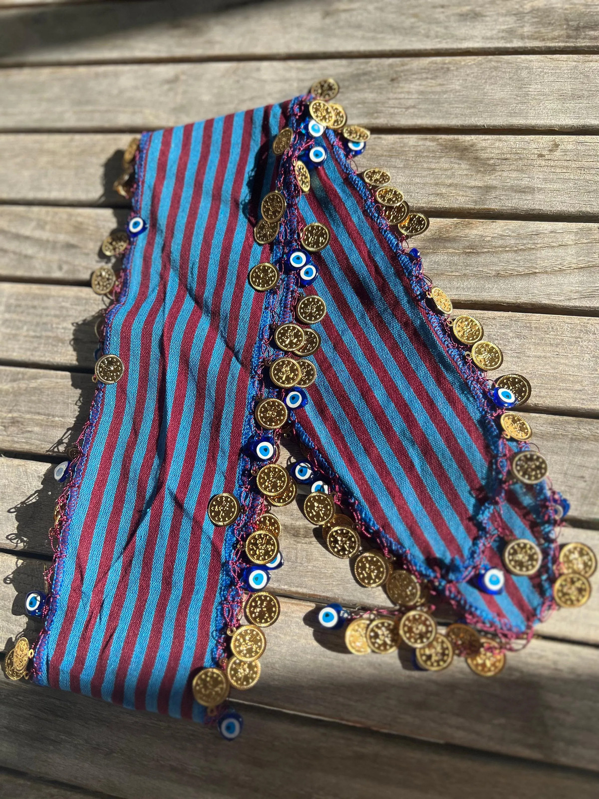 Gold Coins Evil Eye Turkish Boho Hair Scarf Handmade Unique Vintage Artisan