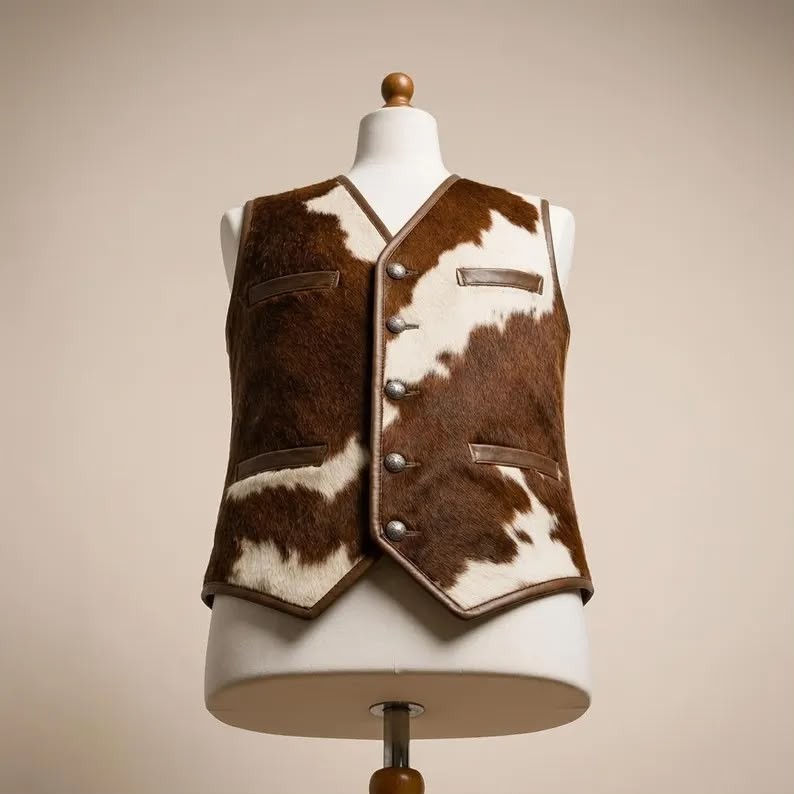 Cowhide Leather Vest Men’s Brown White Vintage Rancher Western Style
