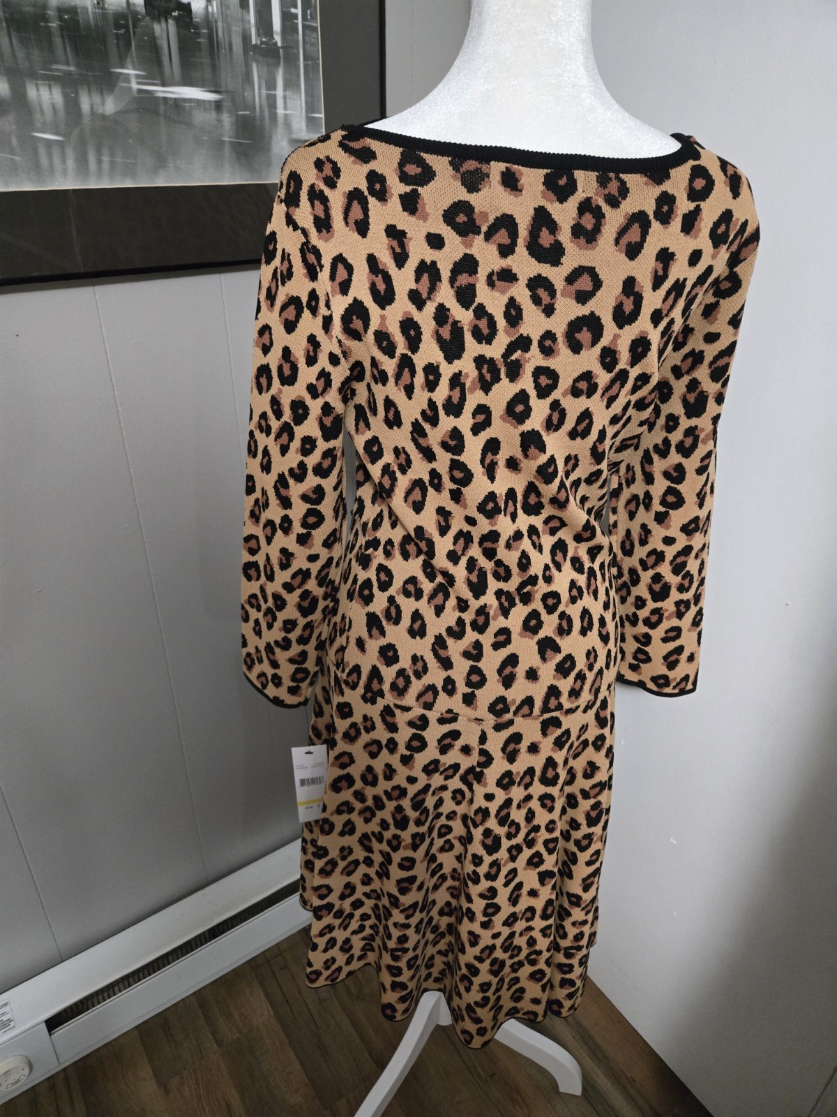 BNWT Chetta B Camel And Black Leopard Print Dress Scoop Neck Size Medium