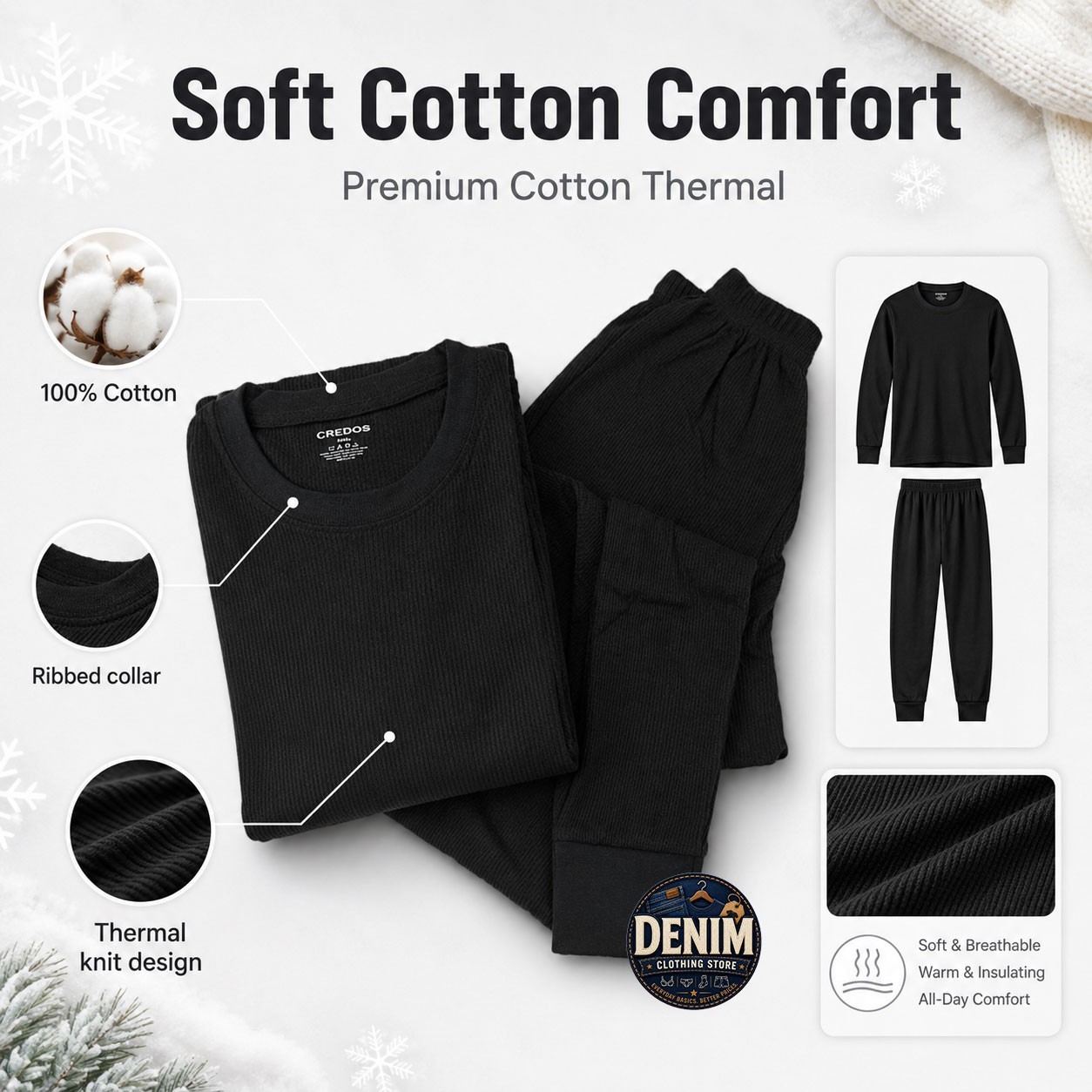 Men’s 2pc Premium Cotton Waffle Knit Stretch Thermal Underwear Top & Bottom Set