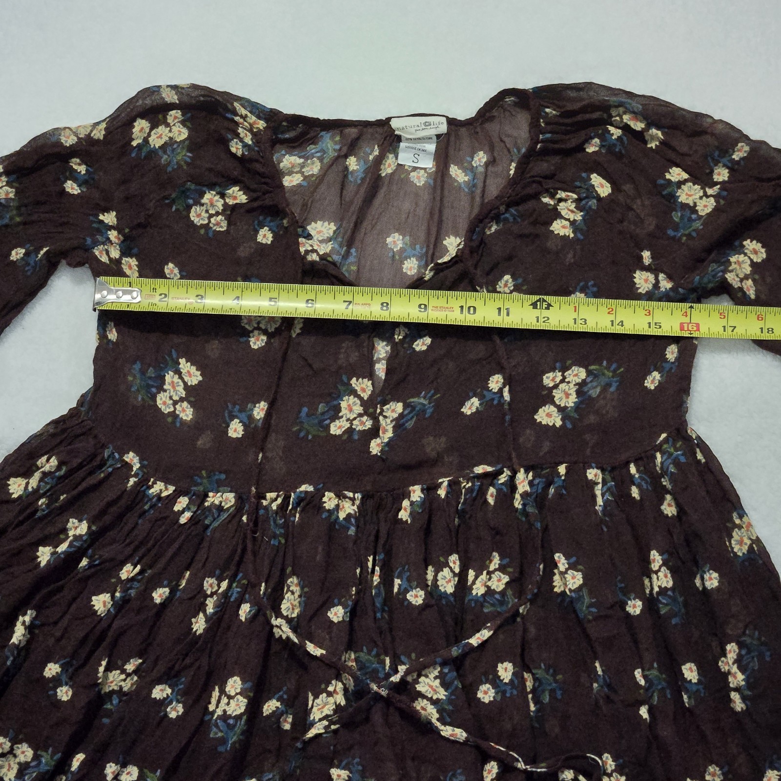 Natural Life Floral Boho Babydoll Top Size S Brown Peasant Puff Sleeve Cottage