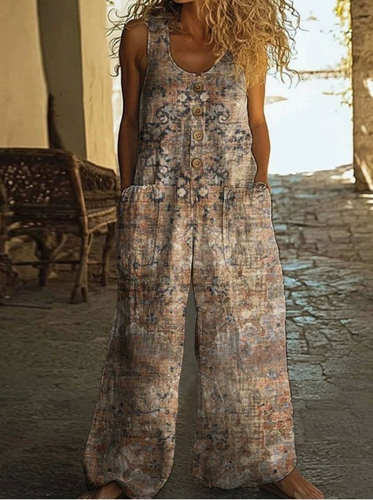 Women Sleeveless Wide Leg Jumpsuit Floral Print Loose Pocket Long Overall Romper