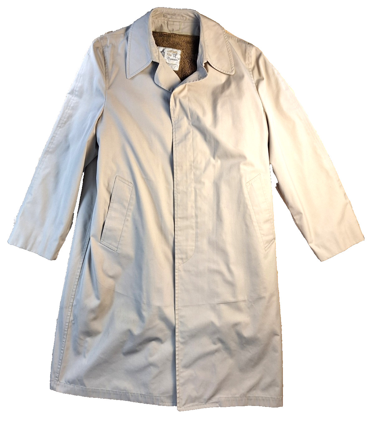 London Fog Maincoats Men Size 42L Trench Coat Zip Out Fuzzy Liner Hidden Buttons
