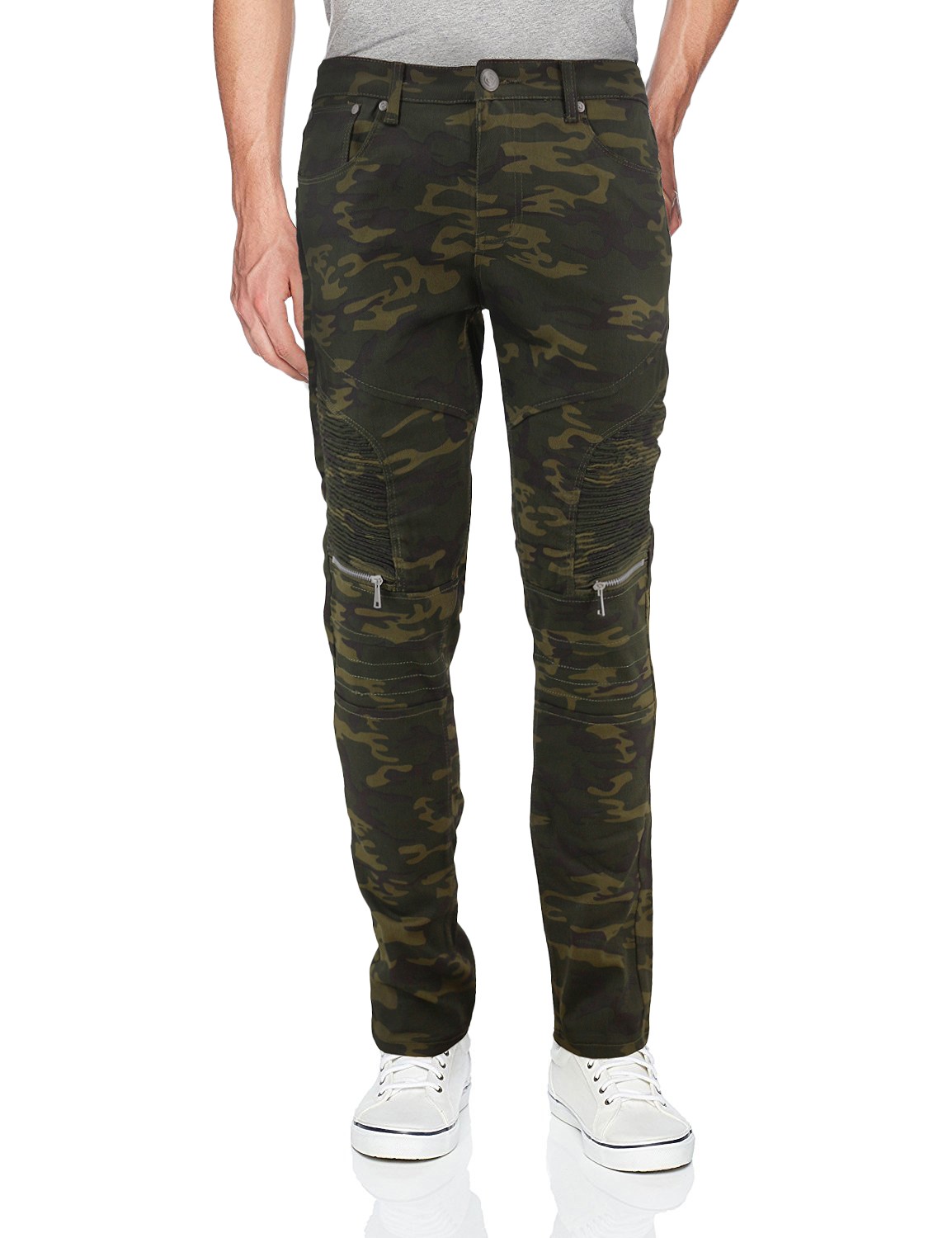 Men’s Skinny Fit Quilted Stretch Fashion Moto Zipper Jeans (Olive Camo, 32×32)