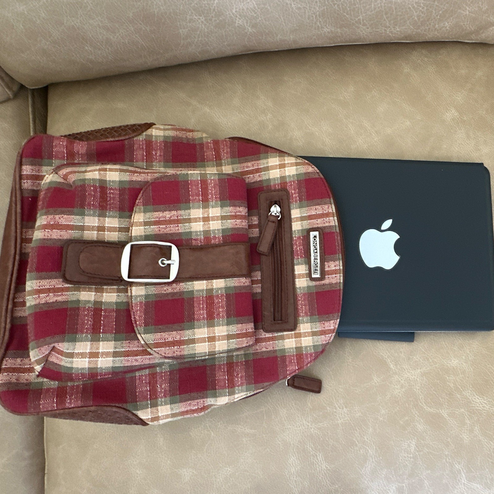 Longaberger Mini Backpack in Plaid Burgundy with Adjustable Straps