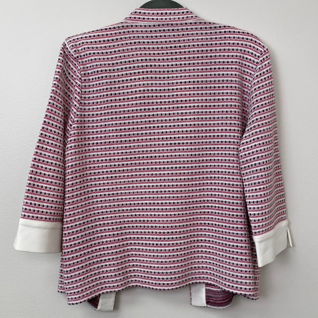 Ming Wang, Petite Large Open Front Pink White Striped Knit Jacket 3/4 Sleeve PL