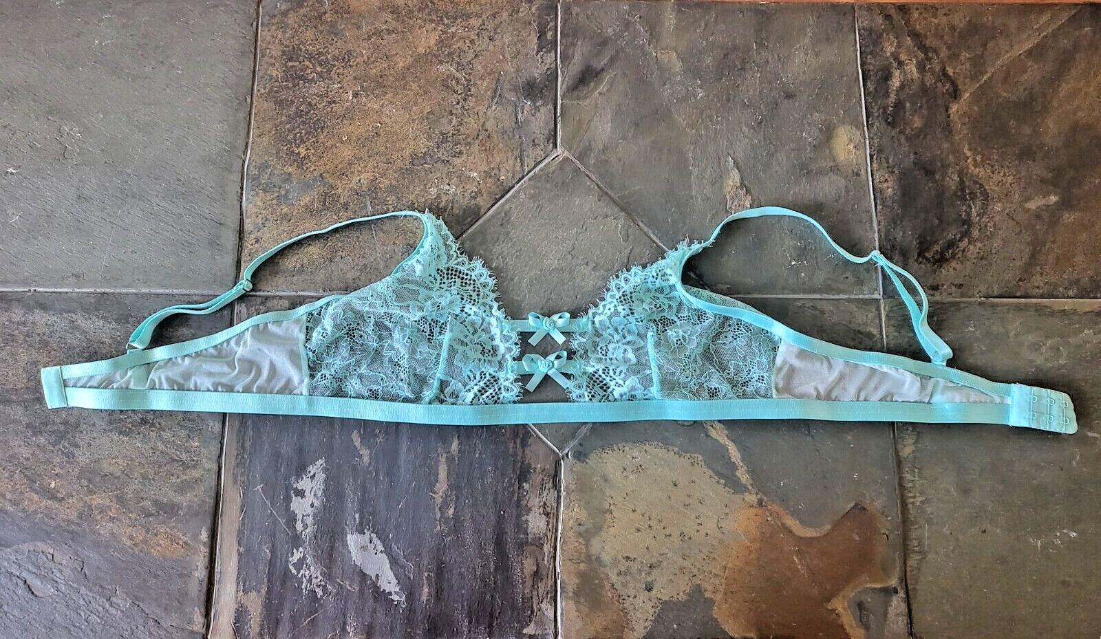 Size L Glitter Sheer Lace Wireless Full Coverage Bralette w/ Thigh High Panty