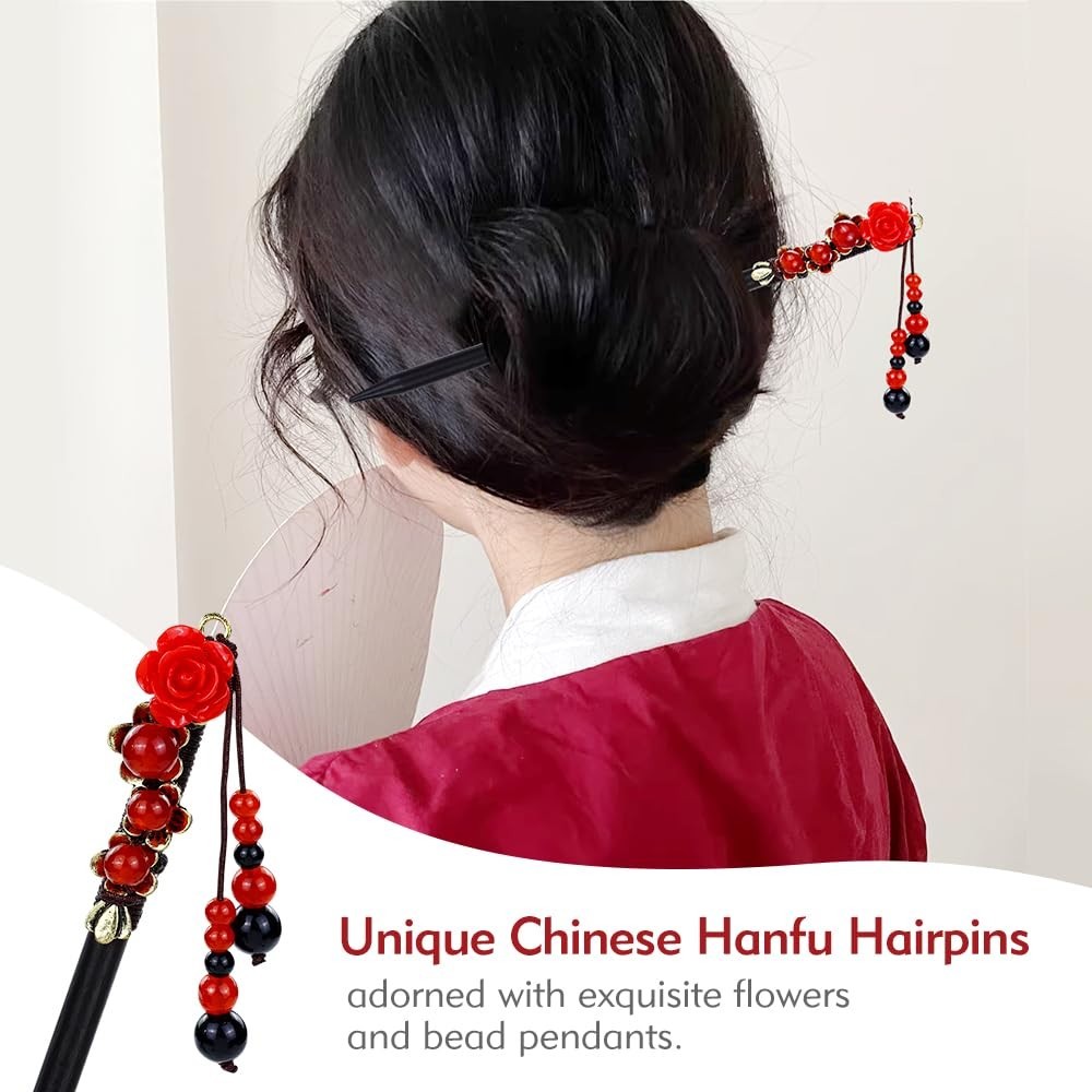 8 Vintage Retro Asian Hair Sticks – Chinese Japanese Wooden Hair Pins with Beads