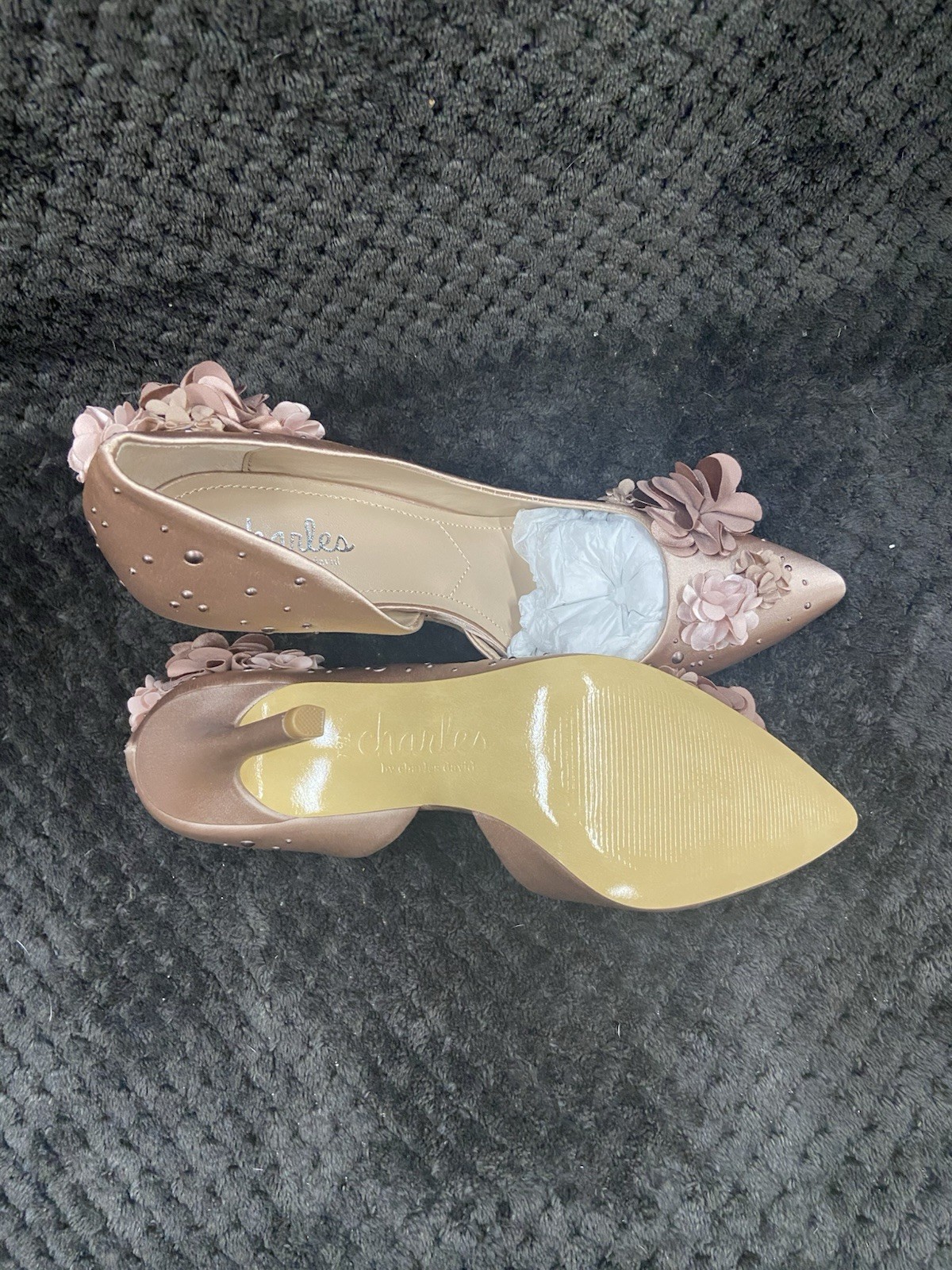 Charles by Charles David Taupe Satin Chiffon Floral Studded Stiletto Pumps 7.5M