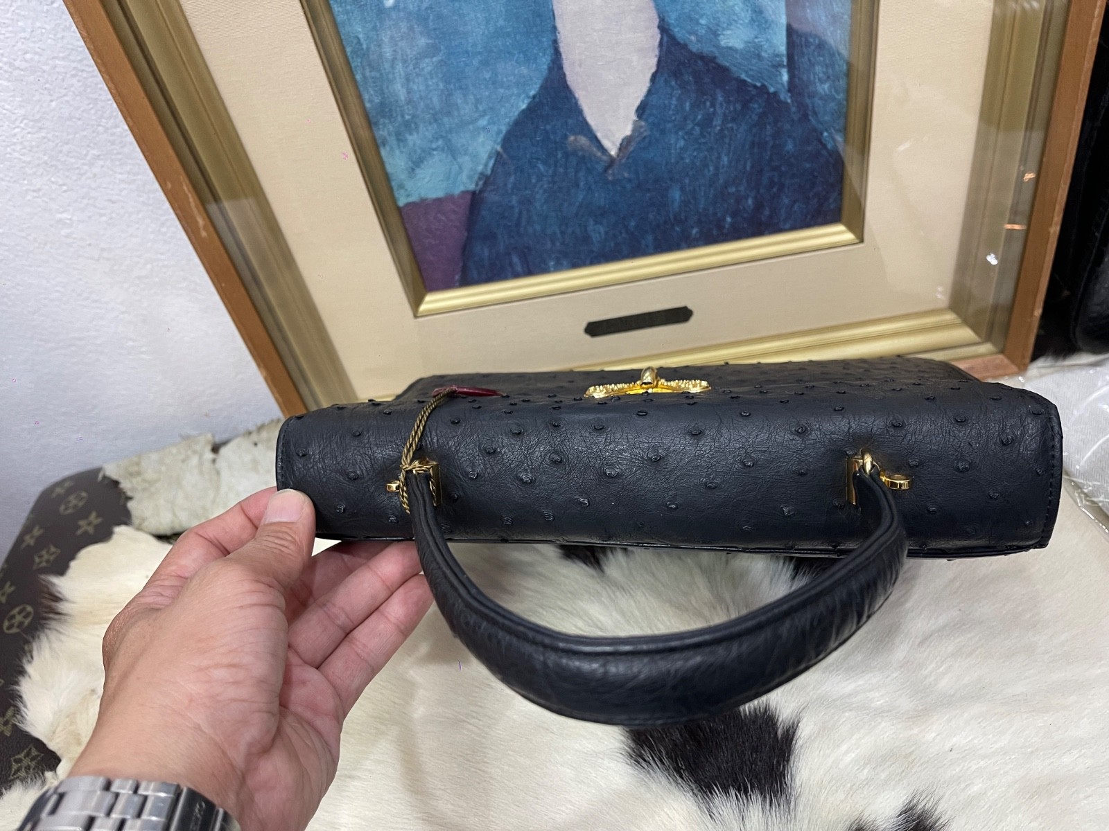 JRA Japan Ostrich Leather Handbag Genuine Exotic Leather Brown Vintage