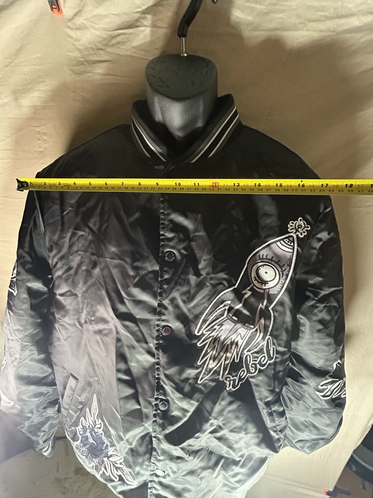 Rebel Minds Fly High Bomber Jacket Mens XL Black Satin Varsity Streetwear