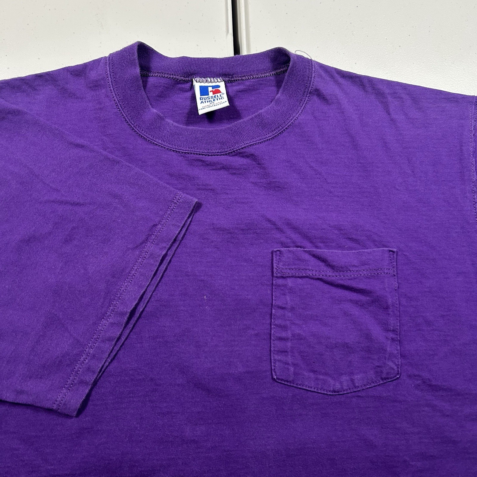Vintage 90s Russell Athletic Blank Pocket Tee Purple Made in USA Cotton Men’s XL