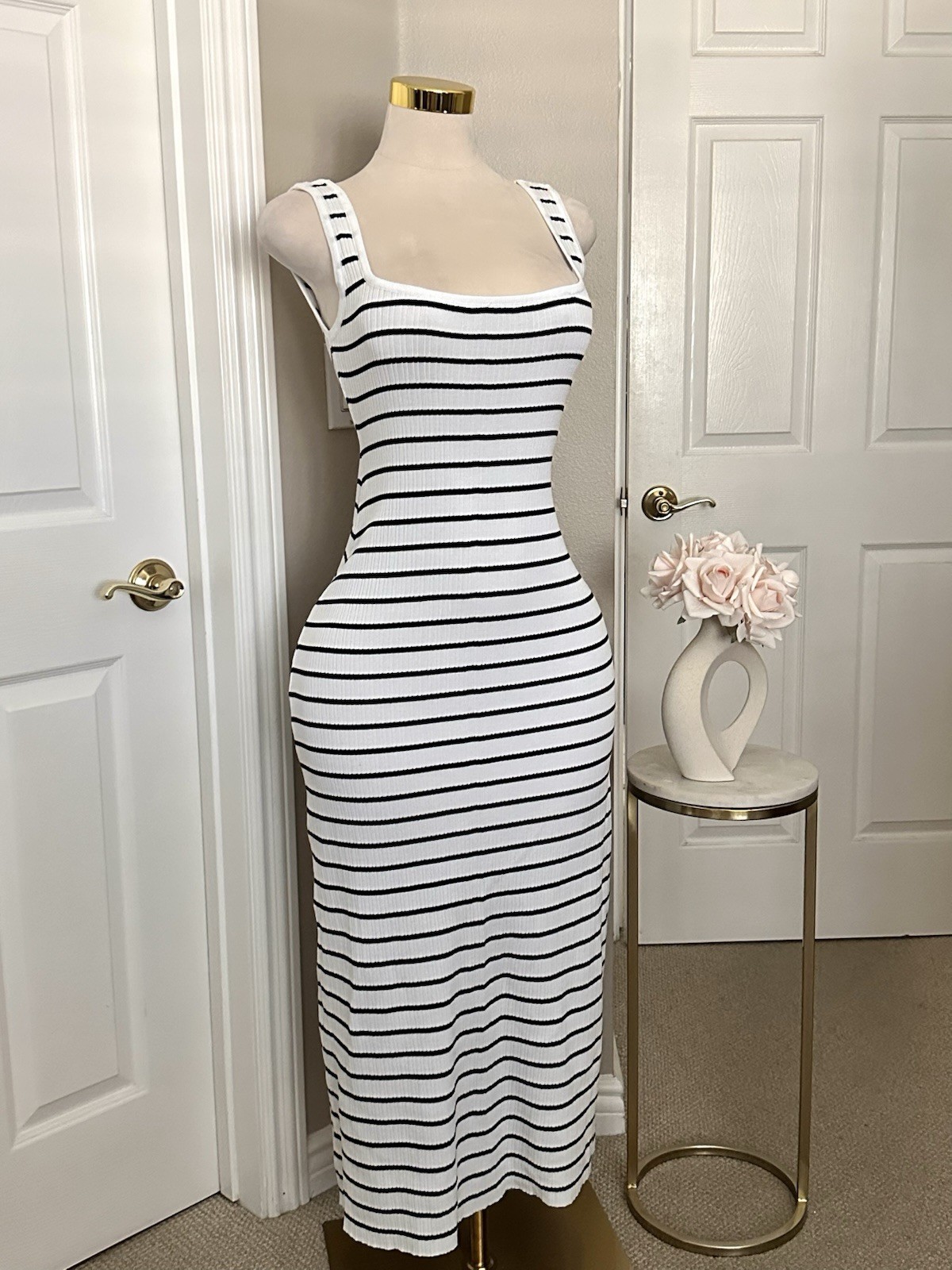 Fashion Nova White & Black Striped Sleeveless Ribbed Maxi Dress w/ Low Back Sz S