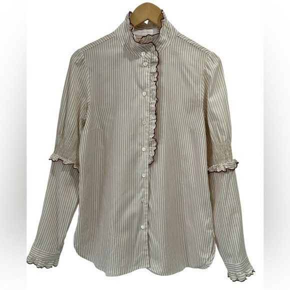 See by Chloe Beige Striped Cotton Ruffled Trim Button Up Blouse Top – 40