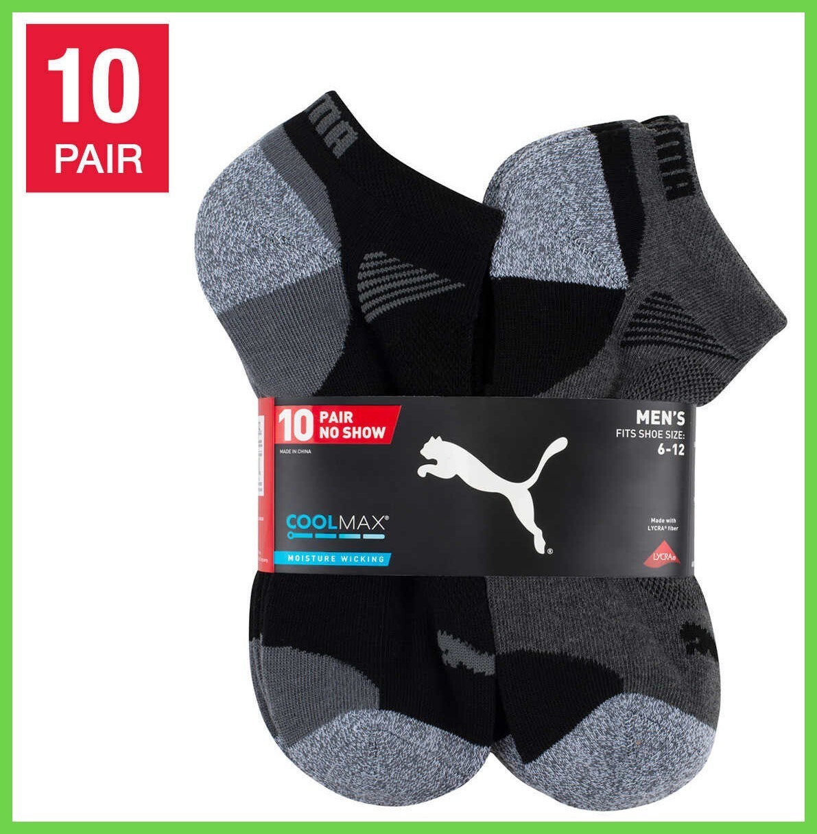 10 Pairs – Puma Men’s No Show Low Cut Socks, Black Select Size