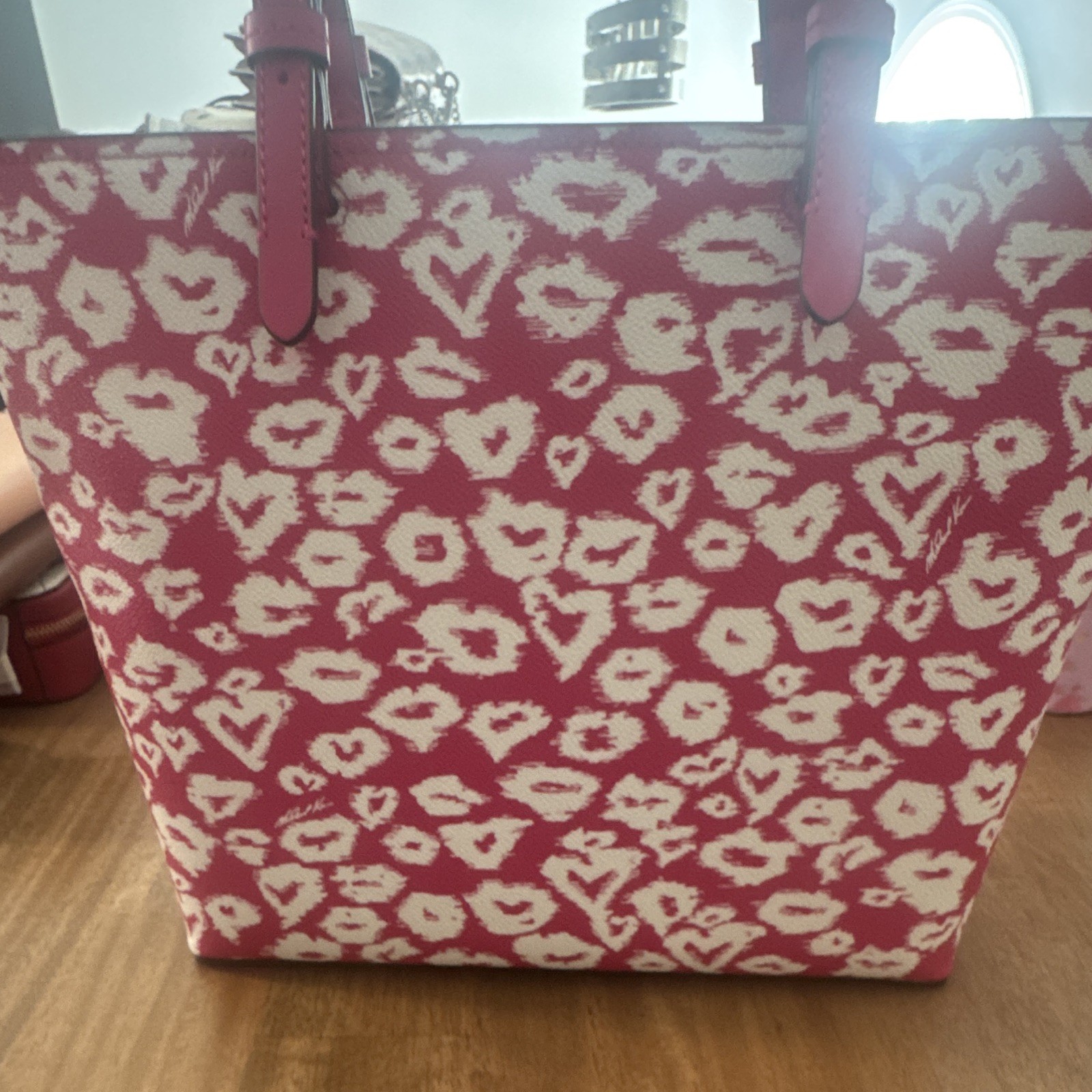 Michael Kors Pink Animal Print Heart Tote w Coin Purse, Medium, Gold Hardware
