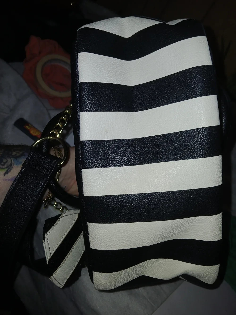 Betsey Johnson Black Quilted Heart Crossbody with Striped Accents, Whimsy, bow