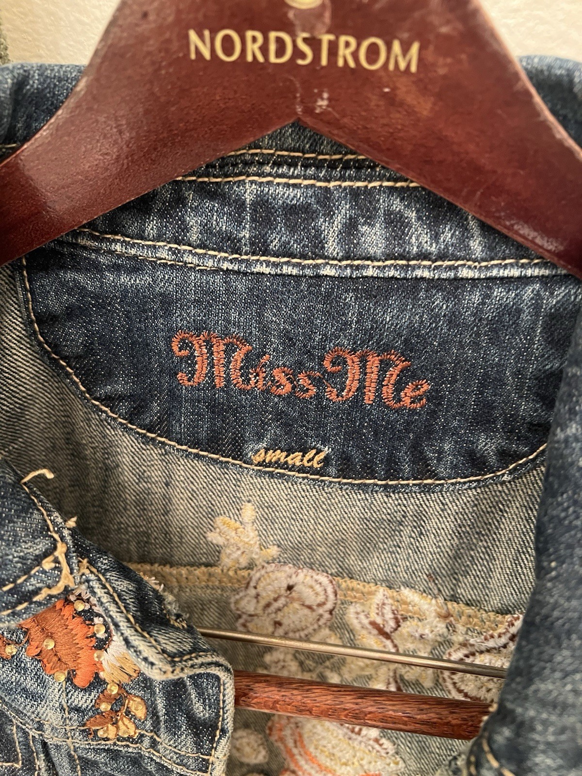 Miss Me Women’s Blue Embroidered Floral Button Jacket w/ Pockets, Size S