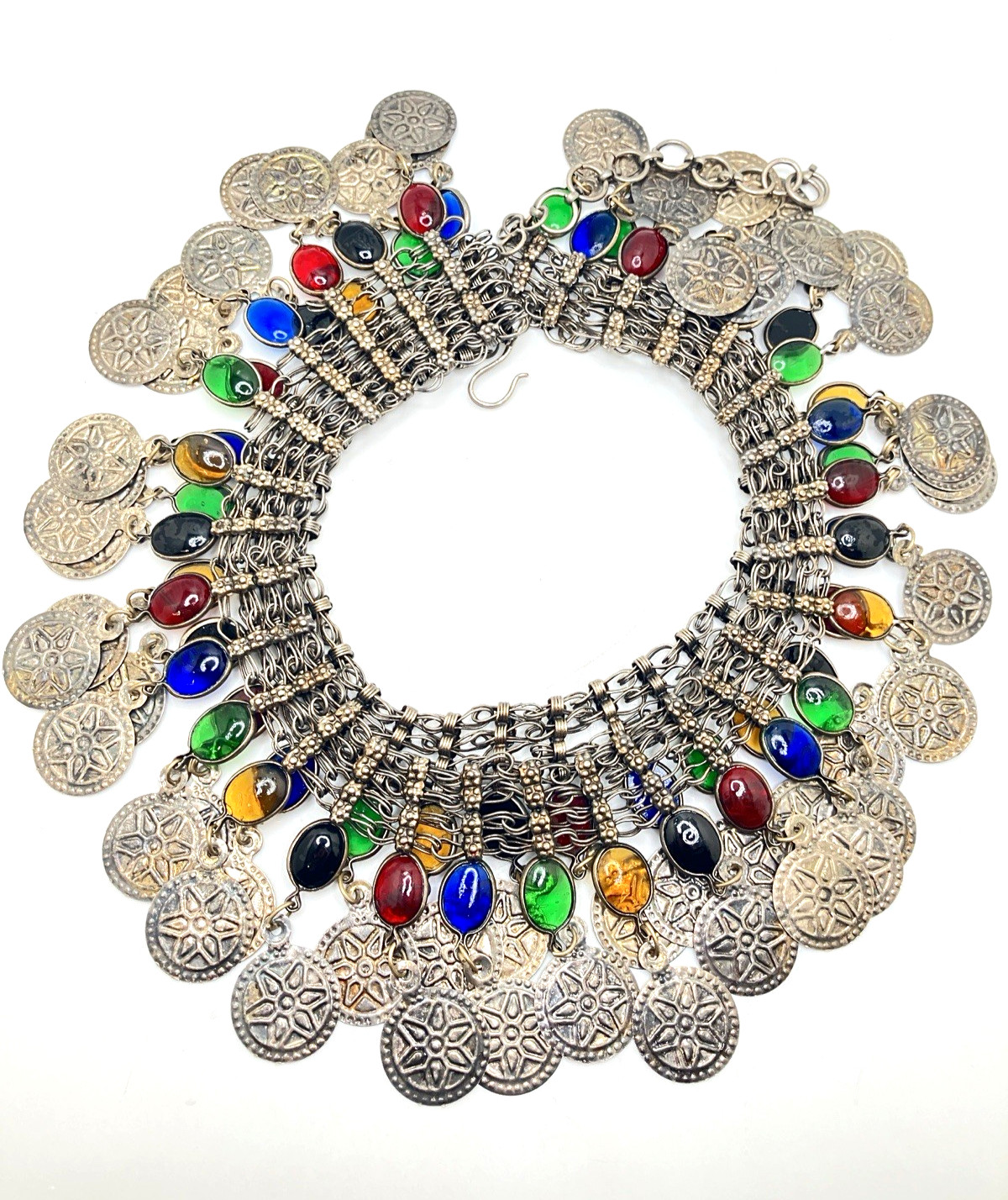 Vintage Silver-Toned Belly Dancer Belt with Multi-Color Cabochons 37″-41″