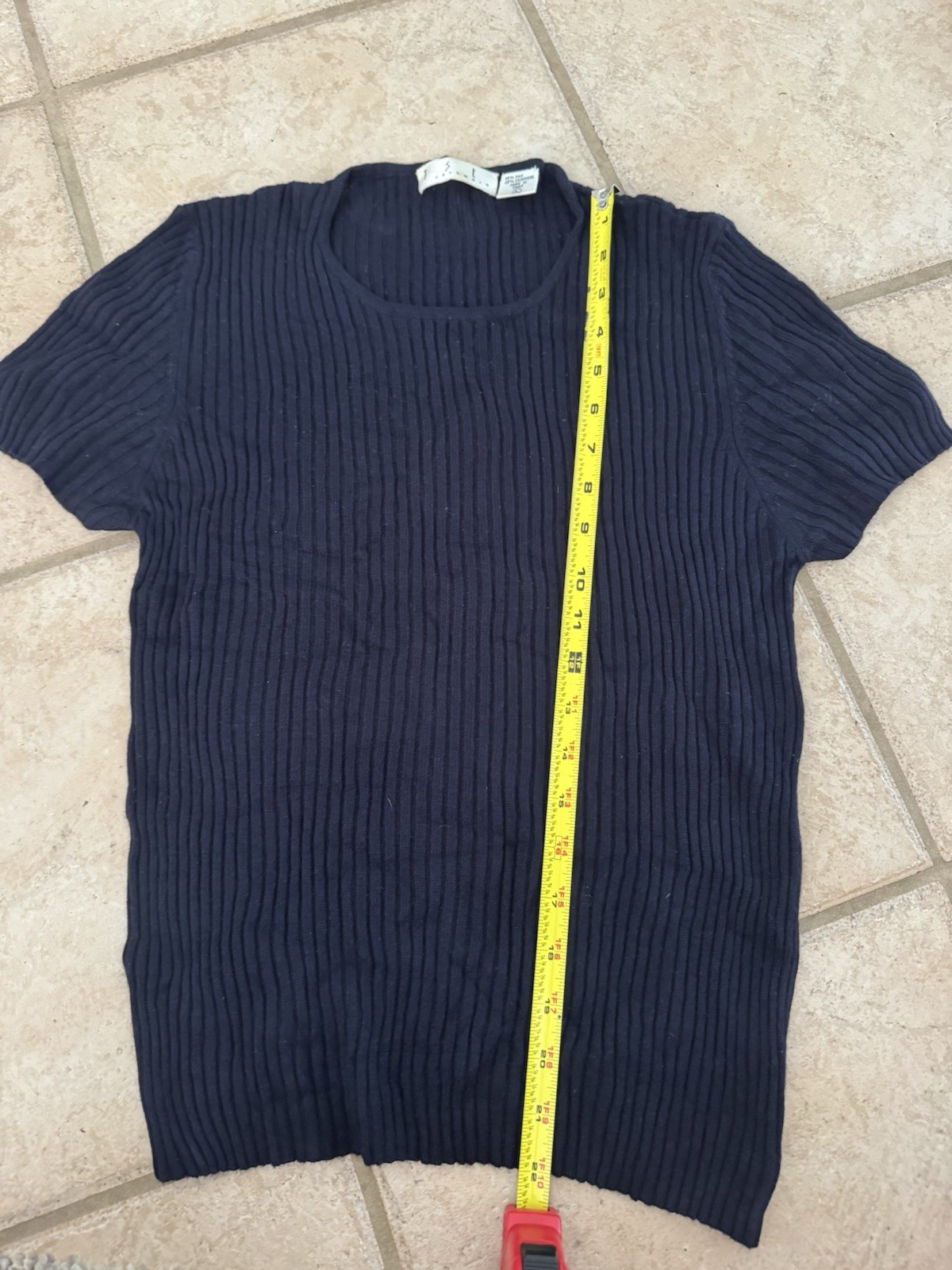 TSE Size L Navy Blue Cashmere Silk Short Sleeve Ribbed Pullover Shirt