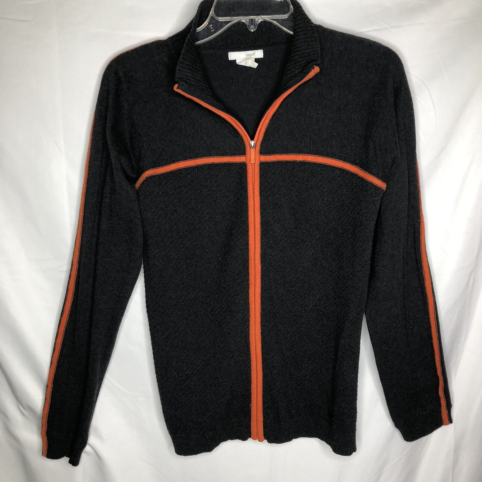 Liz Golf sweater Woman’s Small Charcoal Gray Orange Piping Cotton Nylon Full Zip