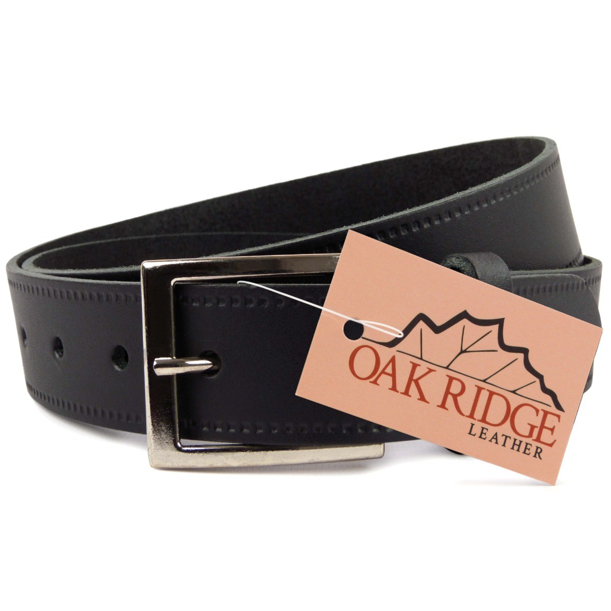 New Quality MENS Black REAL LEATHER BELT 1.35″ Wide by Oakridge Sizes up to 49″
