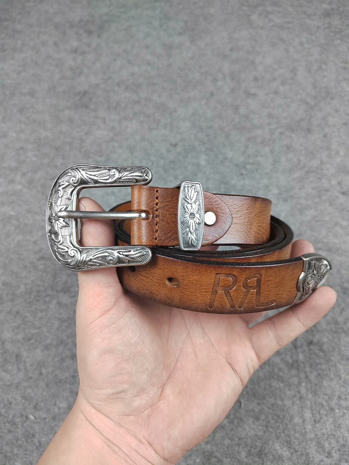 RRL Double RL Western Engraved Buckle Brown Leather Belt with RR Logo Size 32