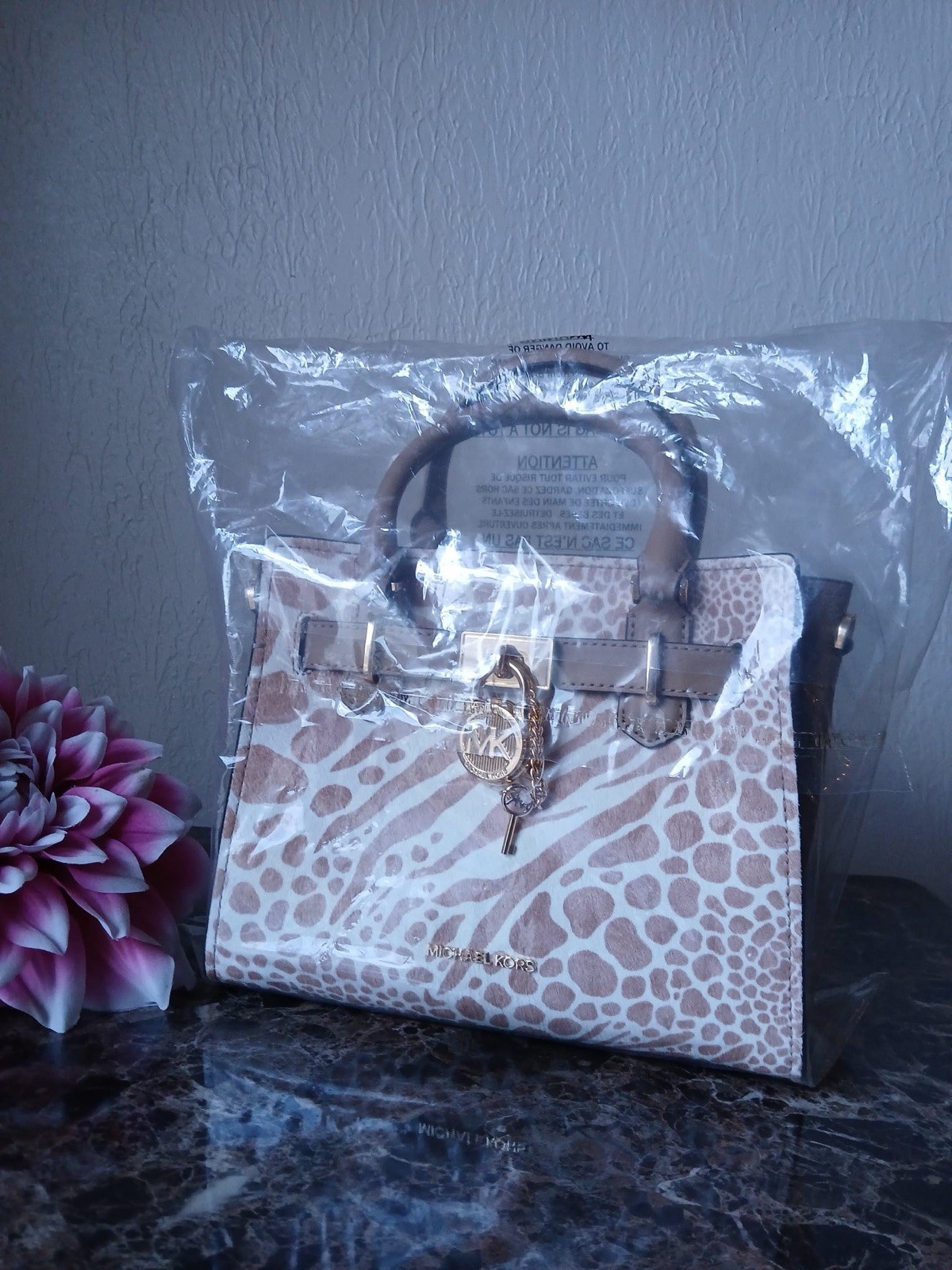 Michael Kors Beige Brown Animal Print Satchel Top Handle Zip Gold Charm Pockets