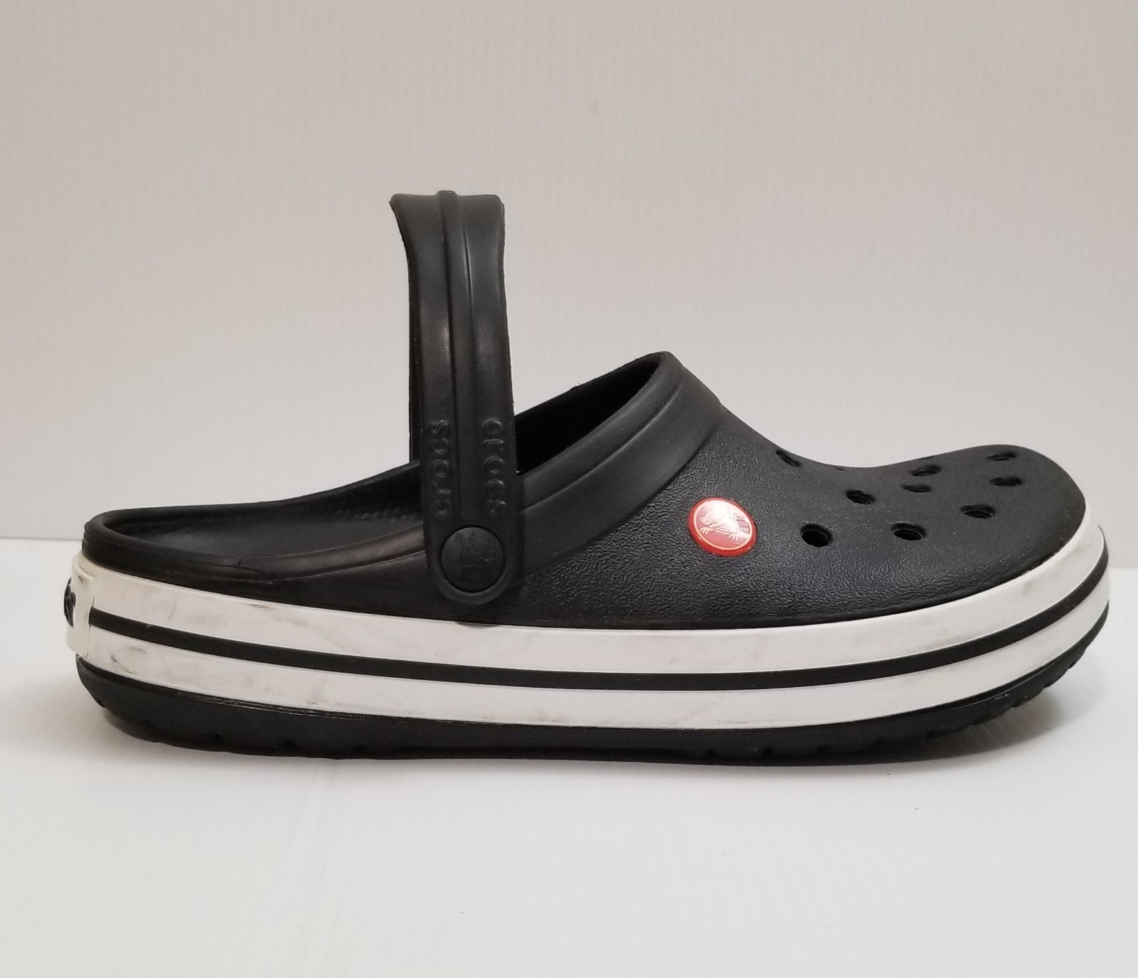 Crocs Crocband Clogs Croslite Black/White Stripes Men Sz 7 Womens Sz 9 Sandals