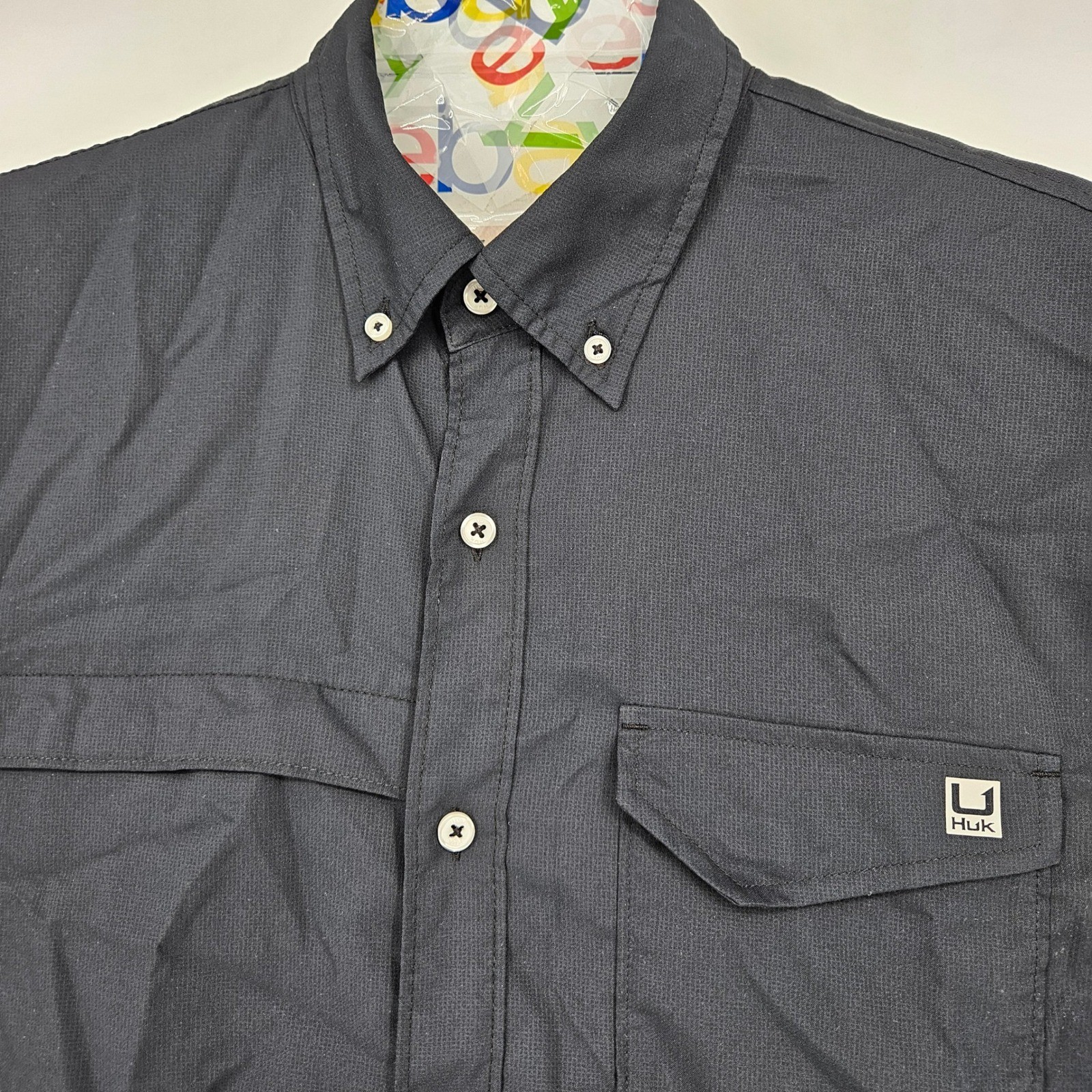 Huk Shirt Mens Large Short Sleeve Button Up Fishing Outdoor Performance Black