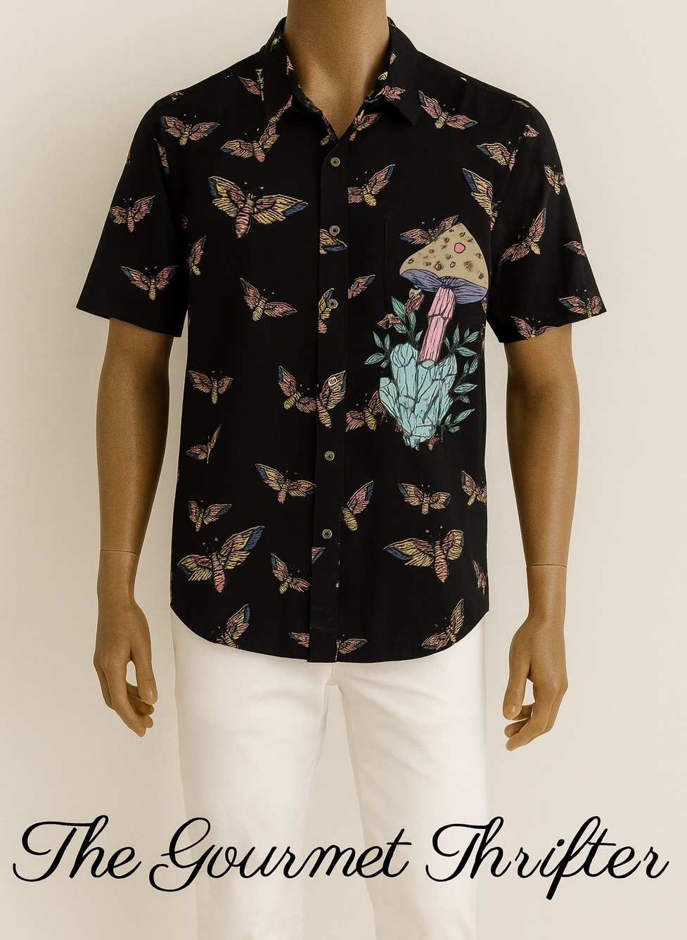 Corner Store Bodega Mushroom Skull Moth Button Up Short Sleeve Shirt XL