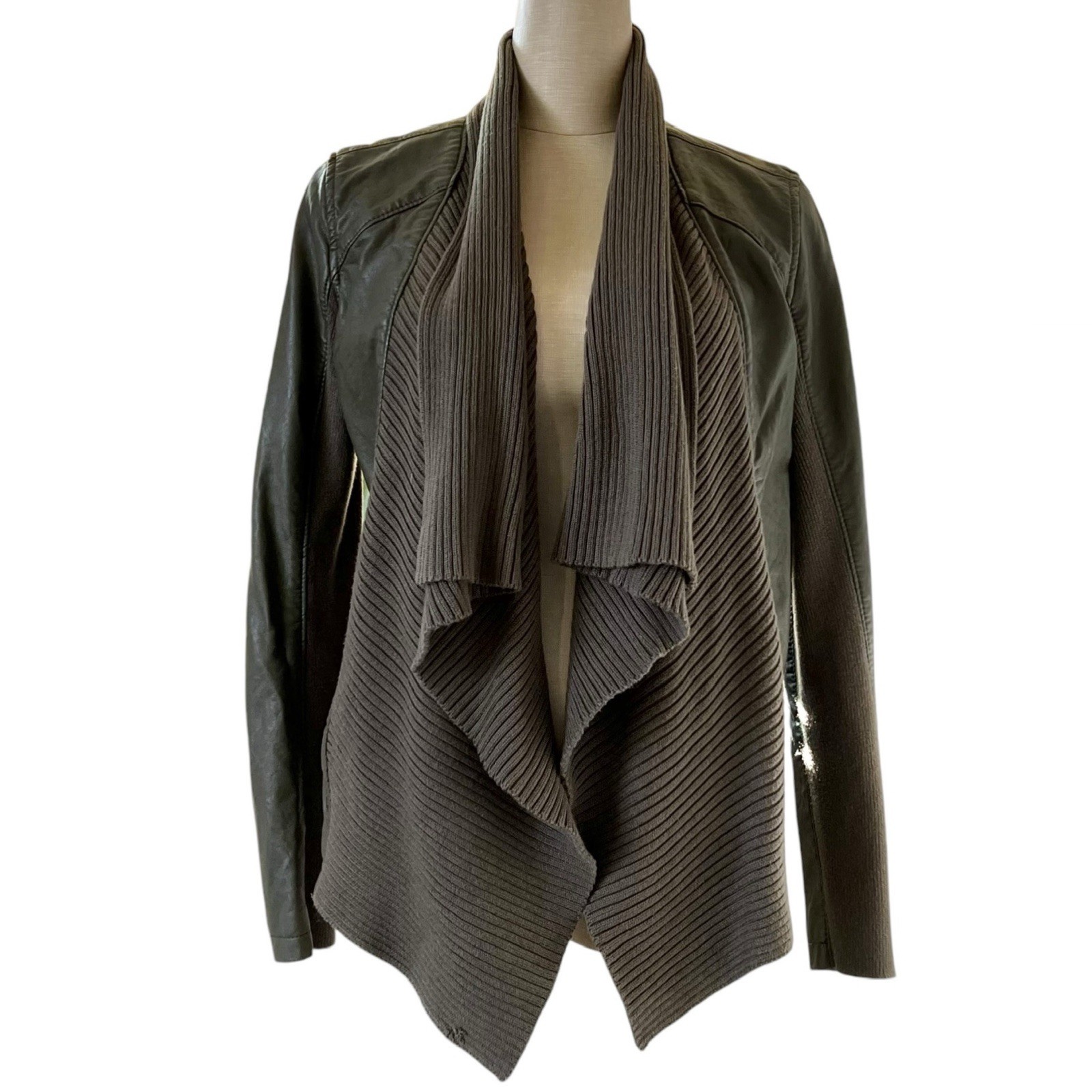 Blank NYC Moto Jacket Vegan Leather Knit Mixed Media Olive Green Sz Small