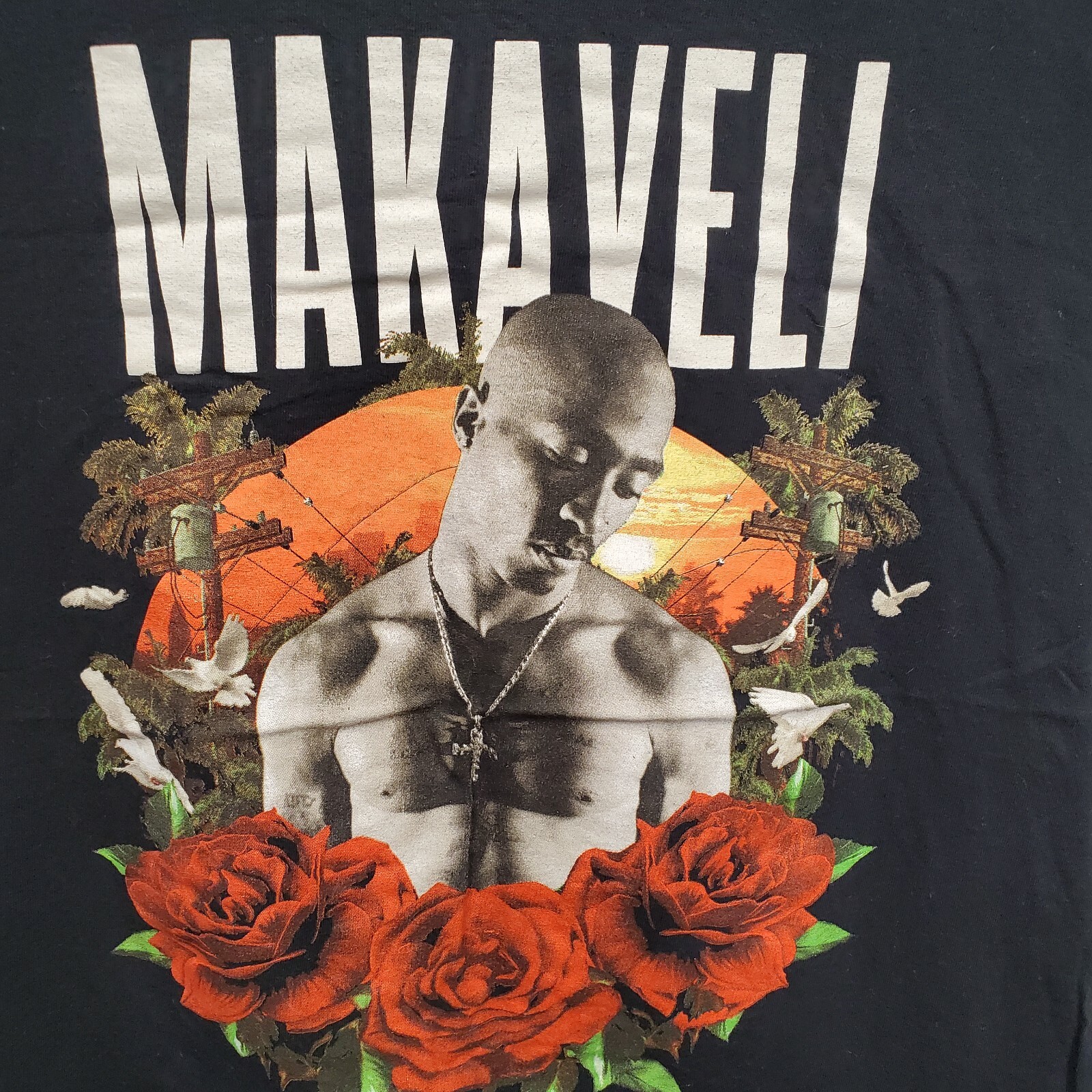 2PAC Retro 2016 Makaveli Roses 90s Style Rap T-Shirt Black Sz Large 20.5″x28″