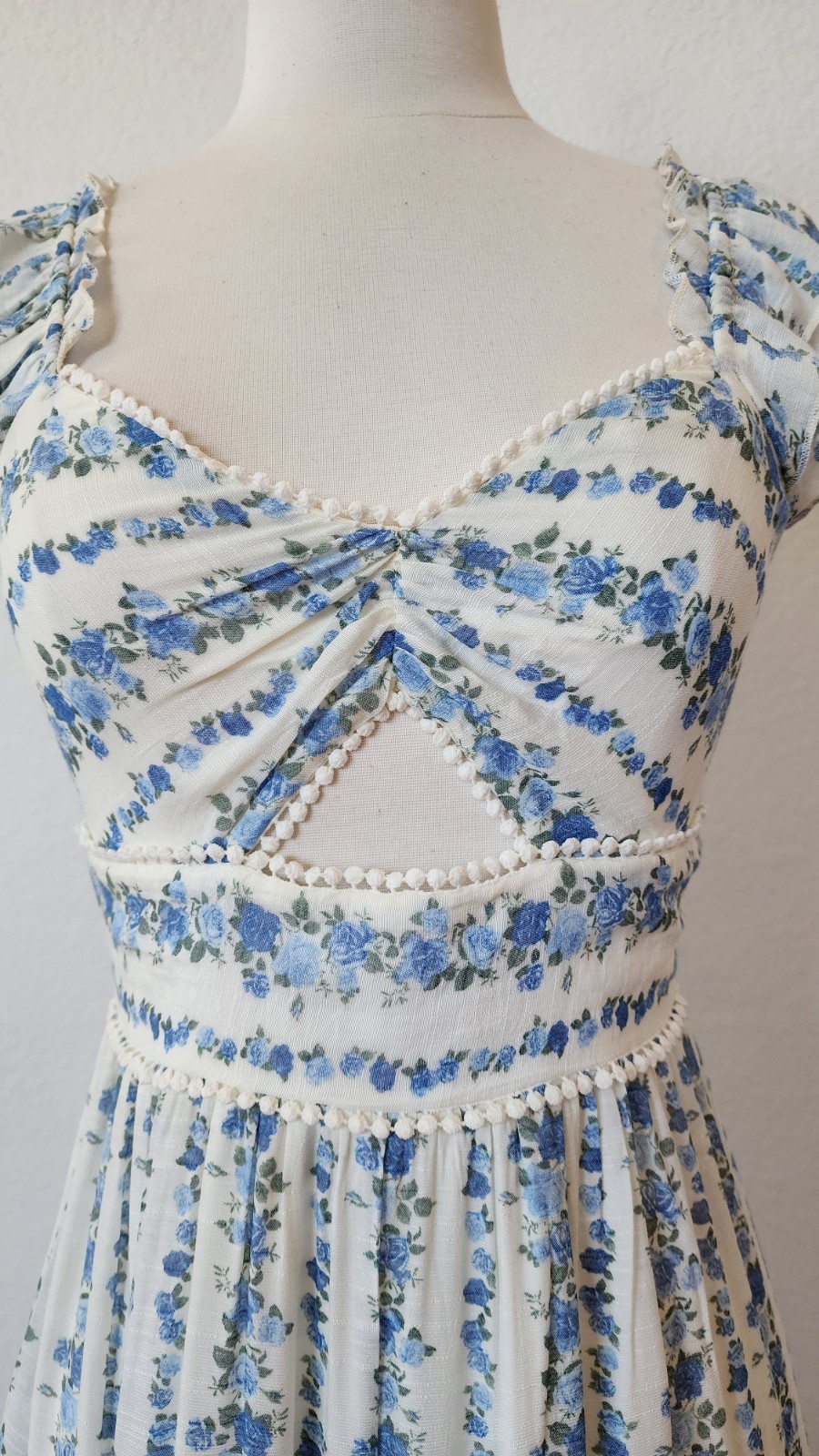 New Anthro Maxi Dress Size Small XS Blue Floral Coquette Wedding Brunch Crochet