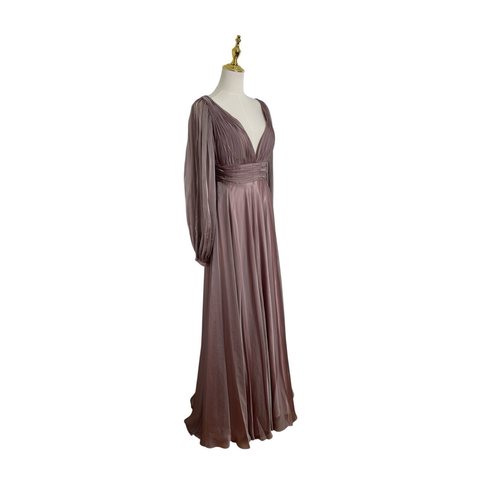 Mac Duggal 67414 Mocha Chiffon Gown Cutaway Sleeve Beaded Cuff Size 8 $598