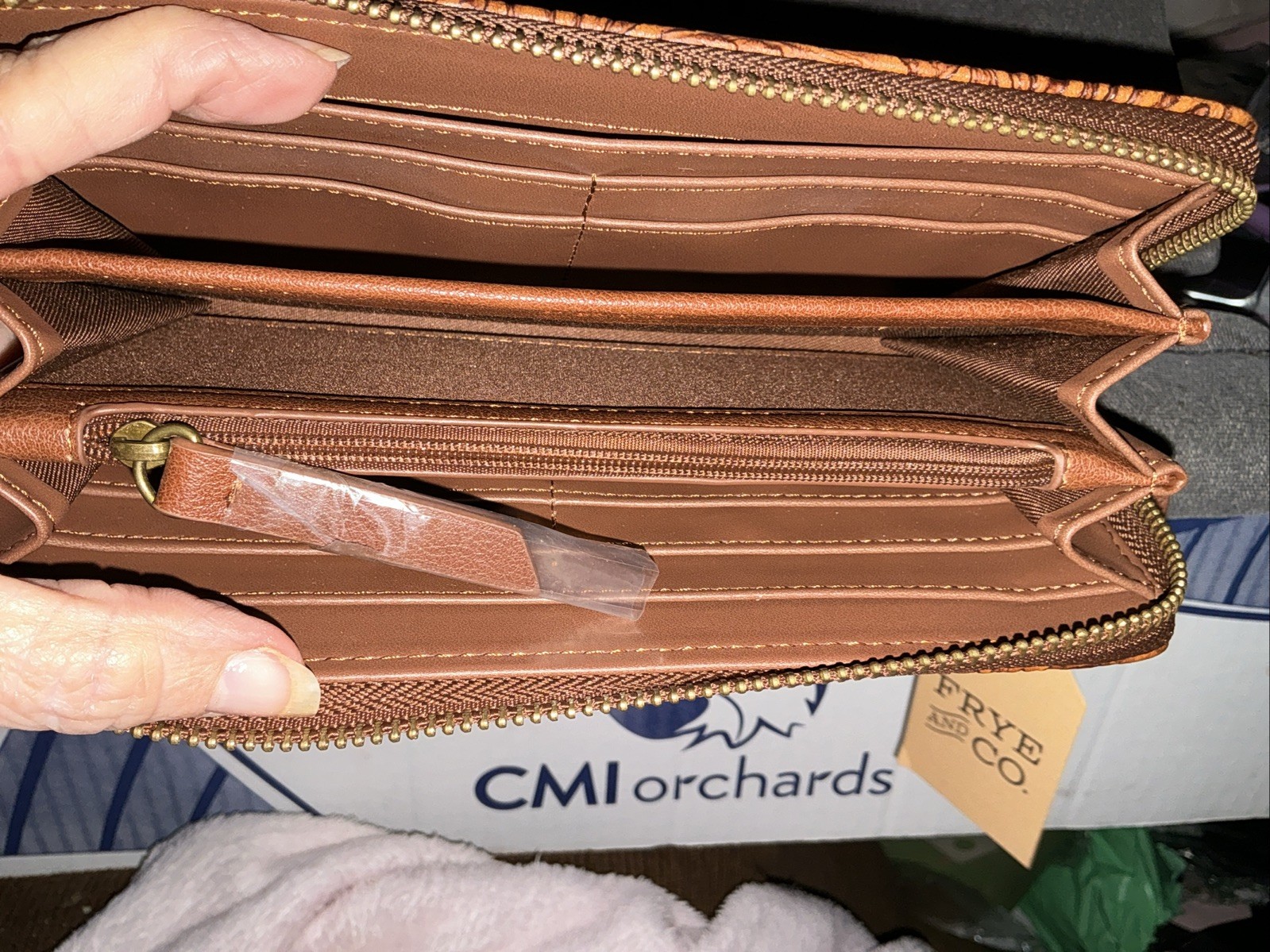 FRYE and CO. Tooling Embossed Womens Zip Around Wallet Cognac Vegan Leather NWT