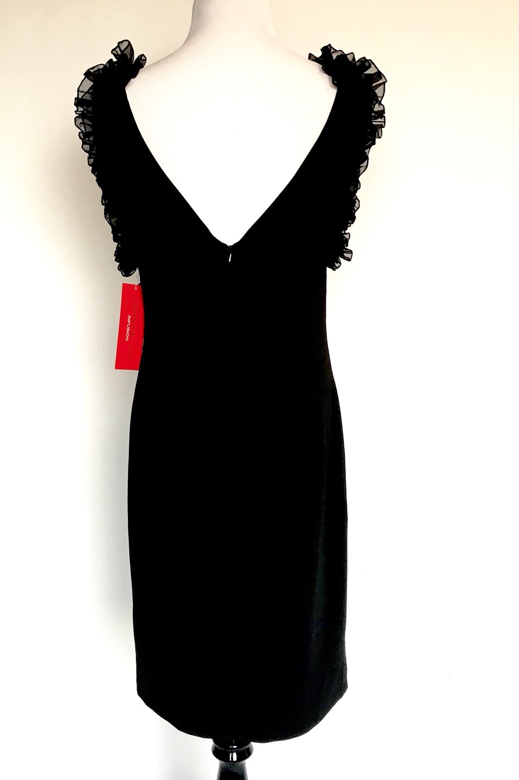 Carmen Marc Valvo Sz 8 Sheath Dress Black Ruffle Arms Retail $325 Price $148 NWT