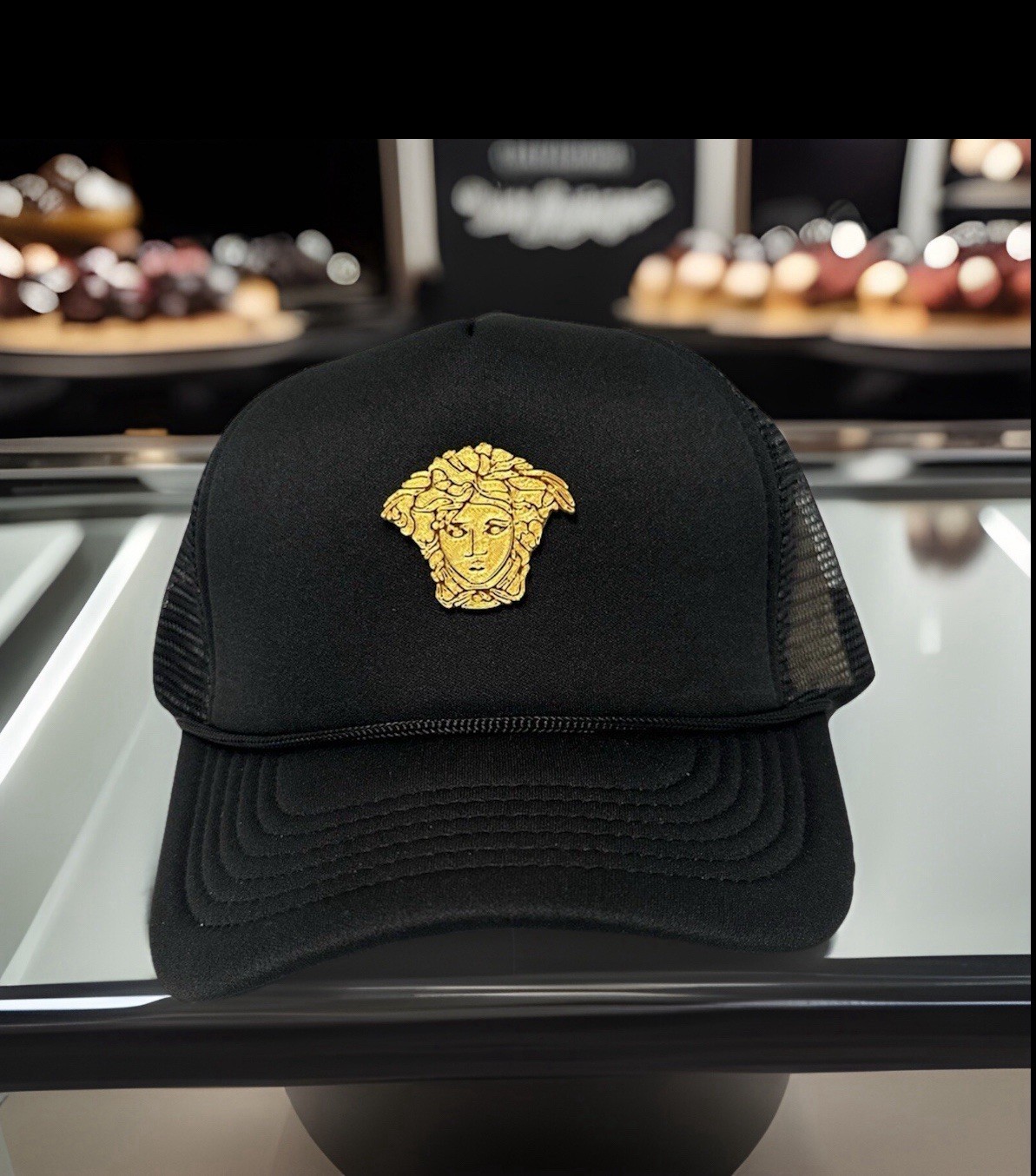 Medusa Hat Black – Trucker Hat – Custom Plastic Medusa Logo YD Versac Inspired.