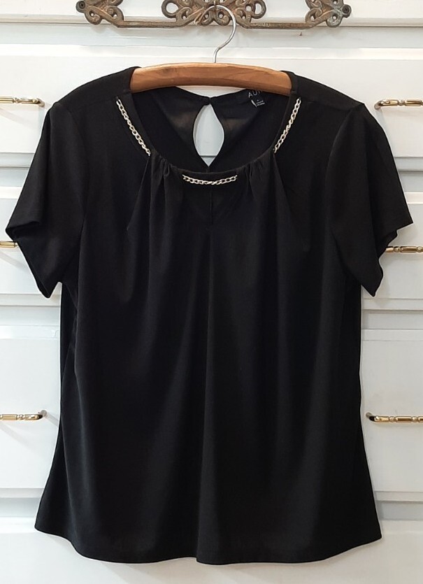 A.U.W. Sz L Short Sleeve Blouse Gold Chain Neckline Accent Dressy Top Chic Black