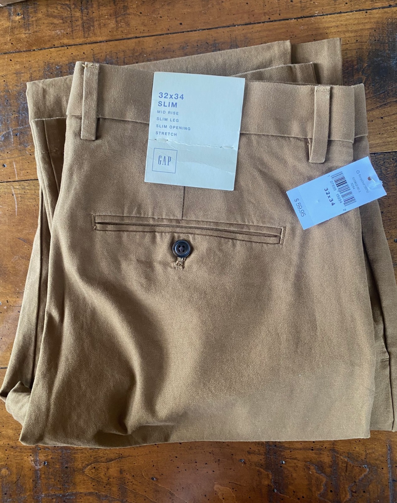 NWT Gap men’s pants 32×34 slim, mid-rise, slim leg, stretch, slim opening, brown