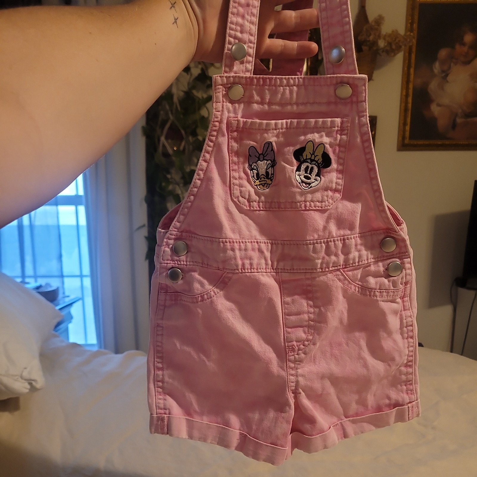 Disney Minnie Mouse Daisy Duck Embroidered Pink Bib Shortall Overalls 3T