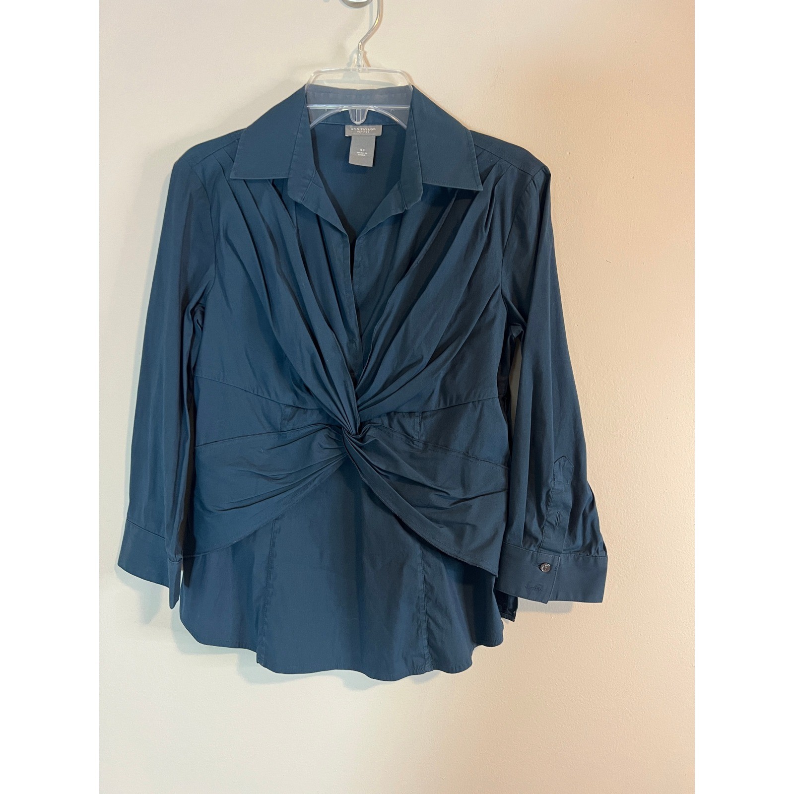 Ann Taylor Petites Twist Front Blouse Dark Teal Blue Size 4P Long Sleeve