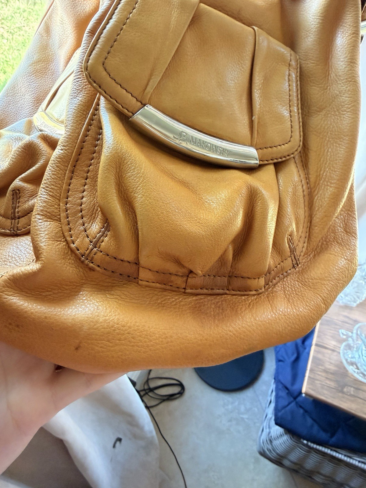 B. Makowsky Tan Shoulder Bag, Zip Closure, Inner/Outer Pockets, Silver Hardware