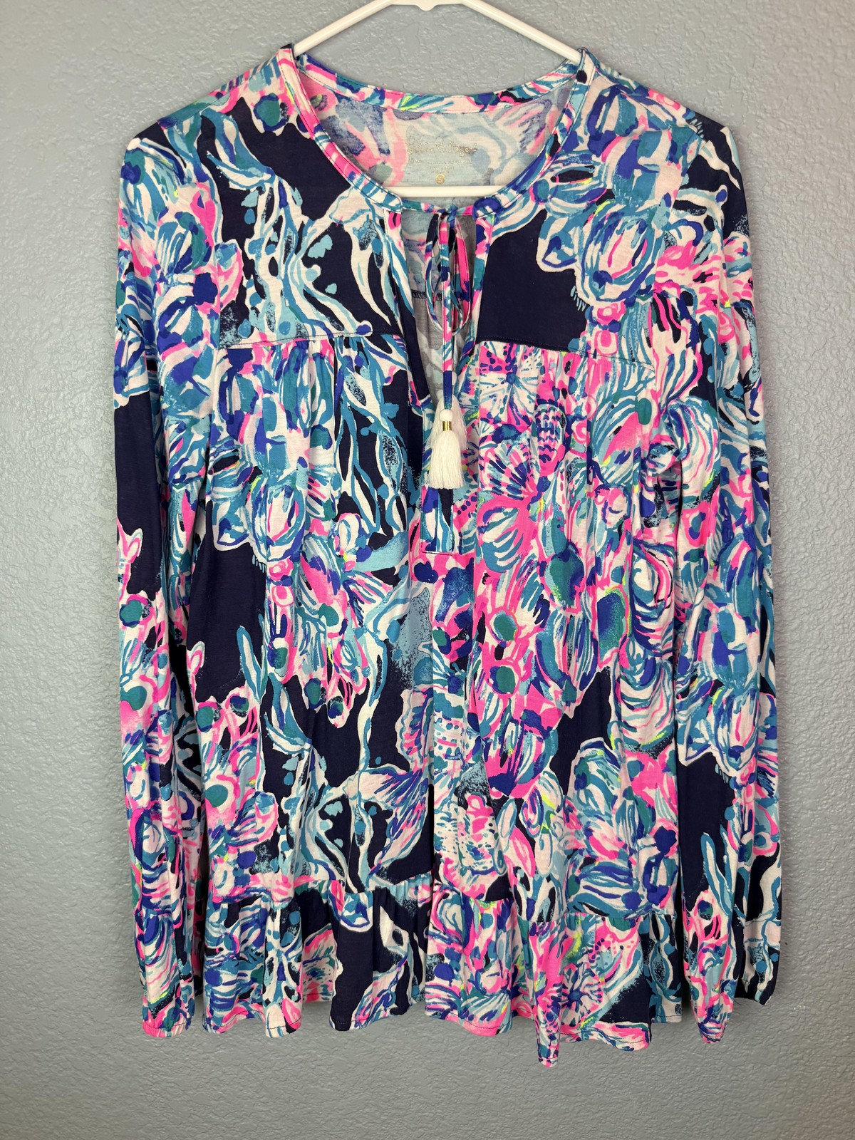 Lilly Pulitzer Blouse Womens Small Multicolor Floral Tassel Peplum Tunic Top