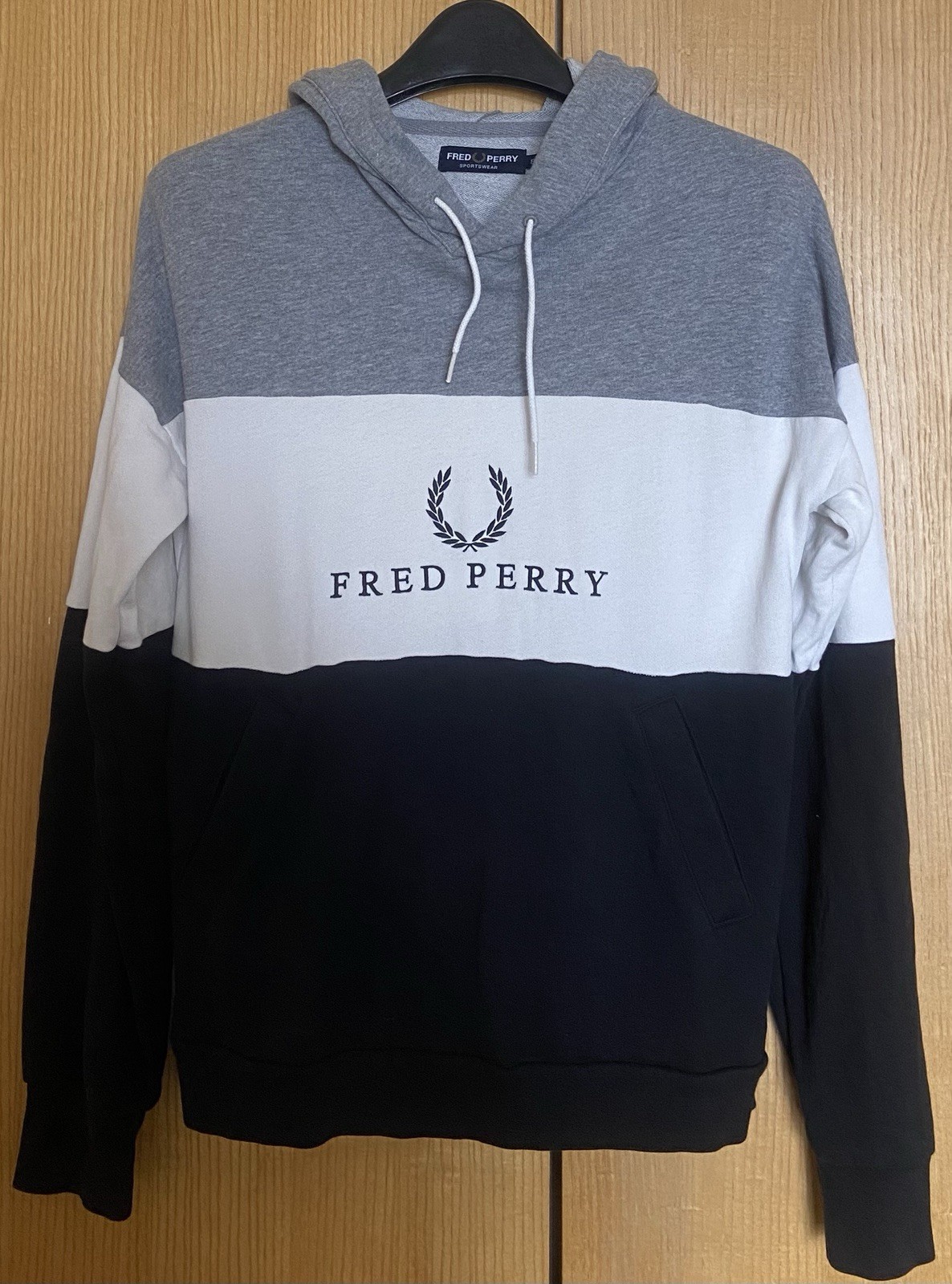 Ladies FRED PERRY “ Sportswear “ Black Grey & White Hoodie Sweatshirt Top Size 8