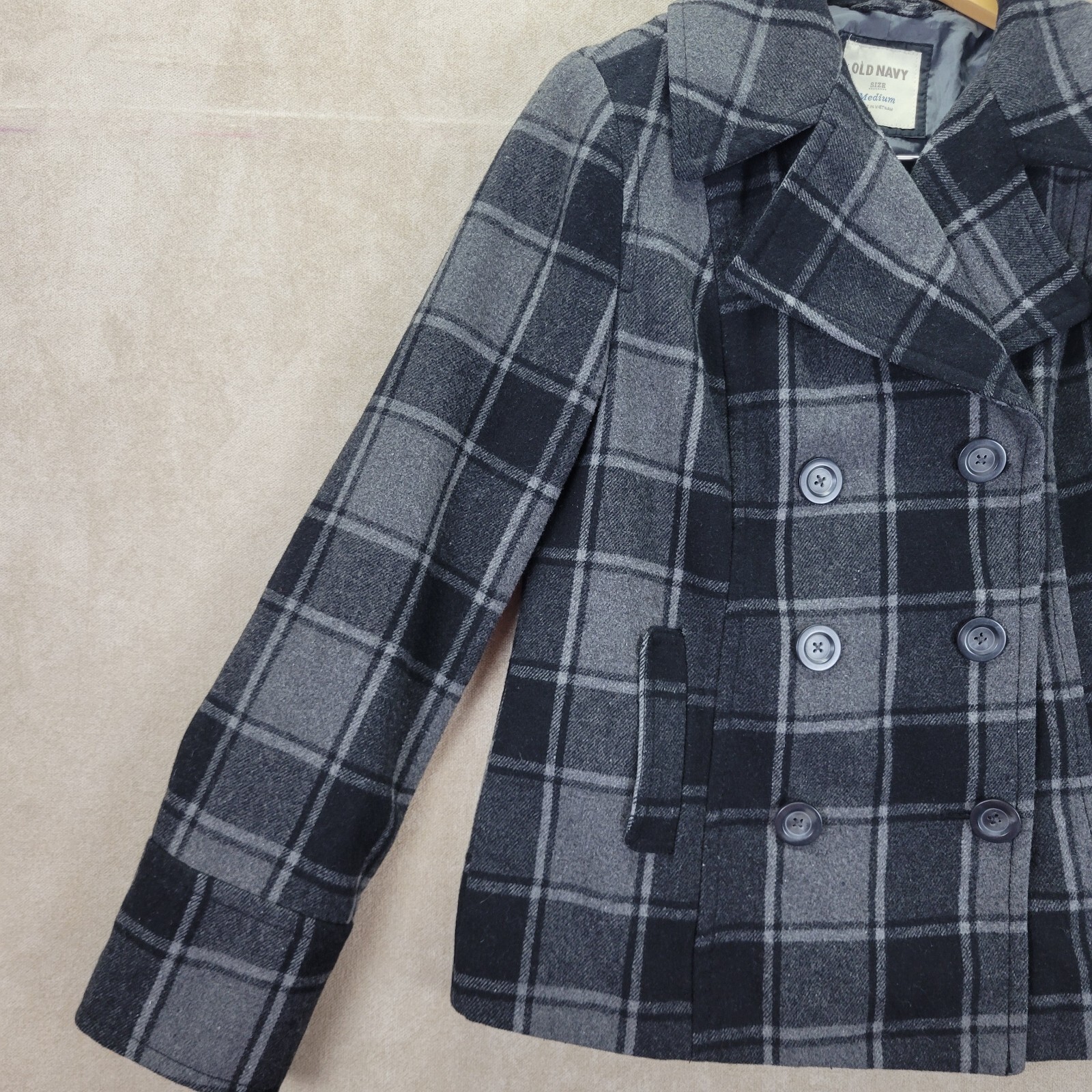 Old Navy Gray & Black Plaid Wool Blend Womens Double Breast Pea Coat Size Medium