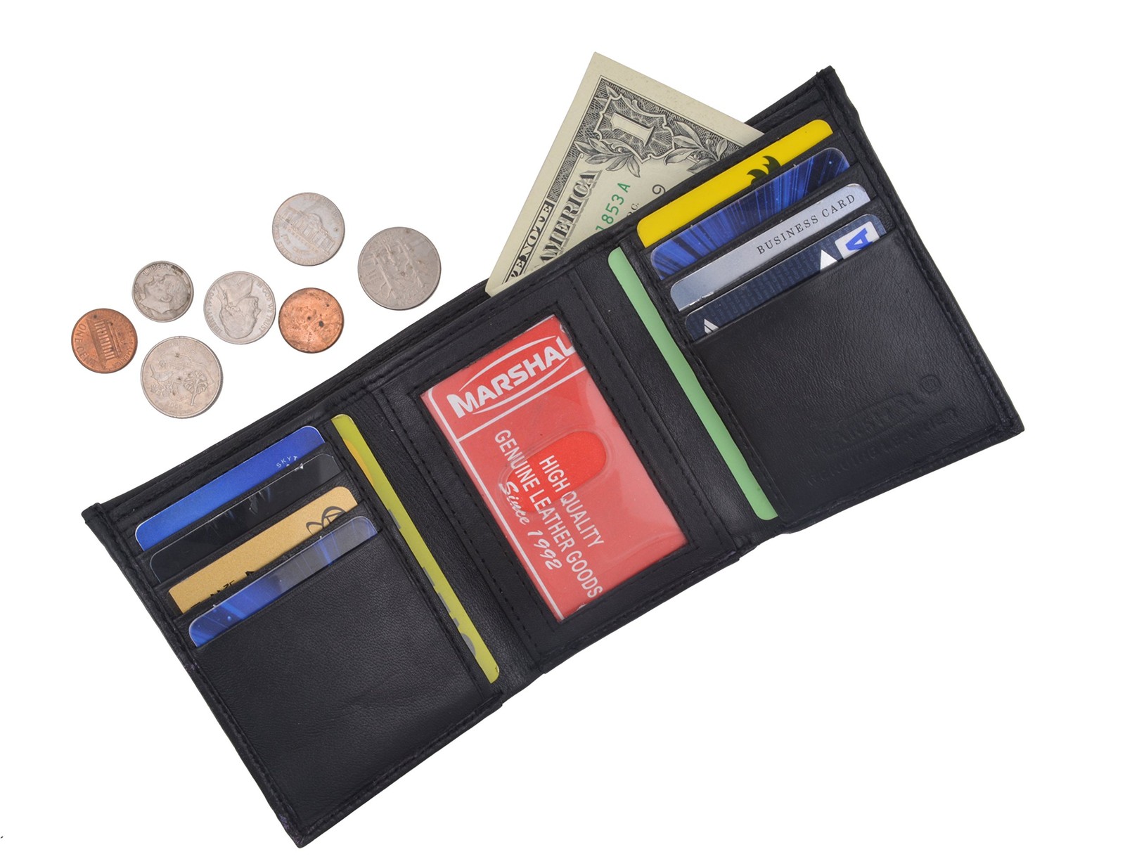 Men’s Genuine Leather Trifold Wallet Black 8 Credit Card slots Medium,