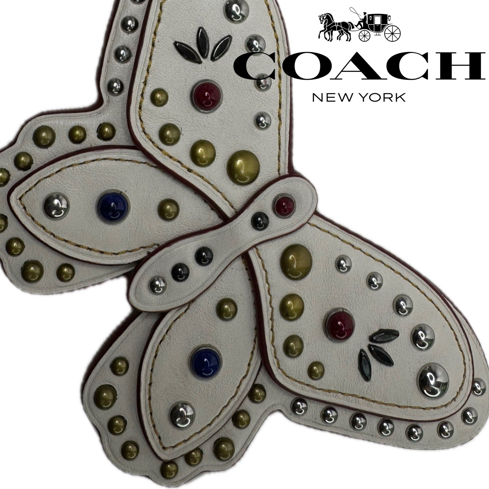 Coach Butterfly Large Leather Chalk White Colored Stone Metal Rivets Keychain