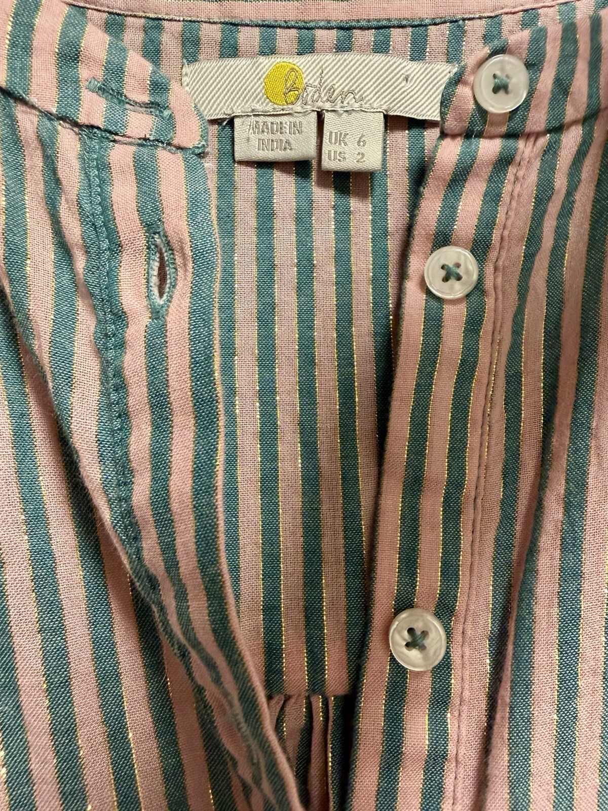 Boden Striped Metallic Quilted Shoulder Blouse Top UK 6 / US 2 Pink Teal Boho